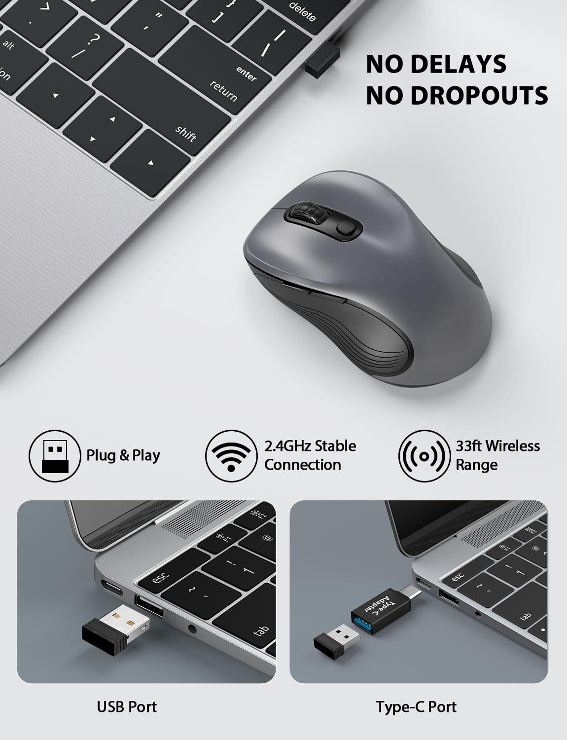 Trueque Wireless Mouse for Laptop, 2.4GHz Ergonomic Computer Mouse with Back & Forward Buttons, 3 Adjustable DPI Levels, 6 Buttons, Optical USB Cordless Mice for Windows Chromebook MacBook PC (Gray) - Image 2