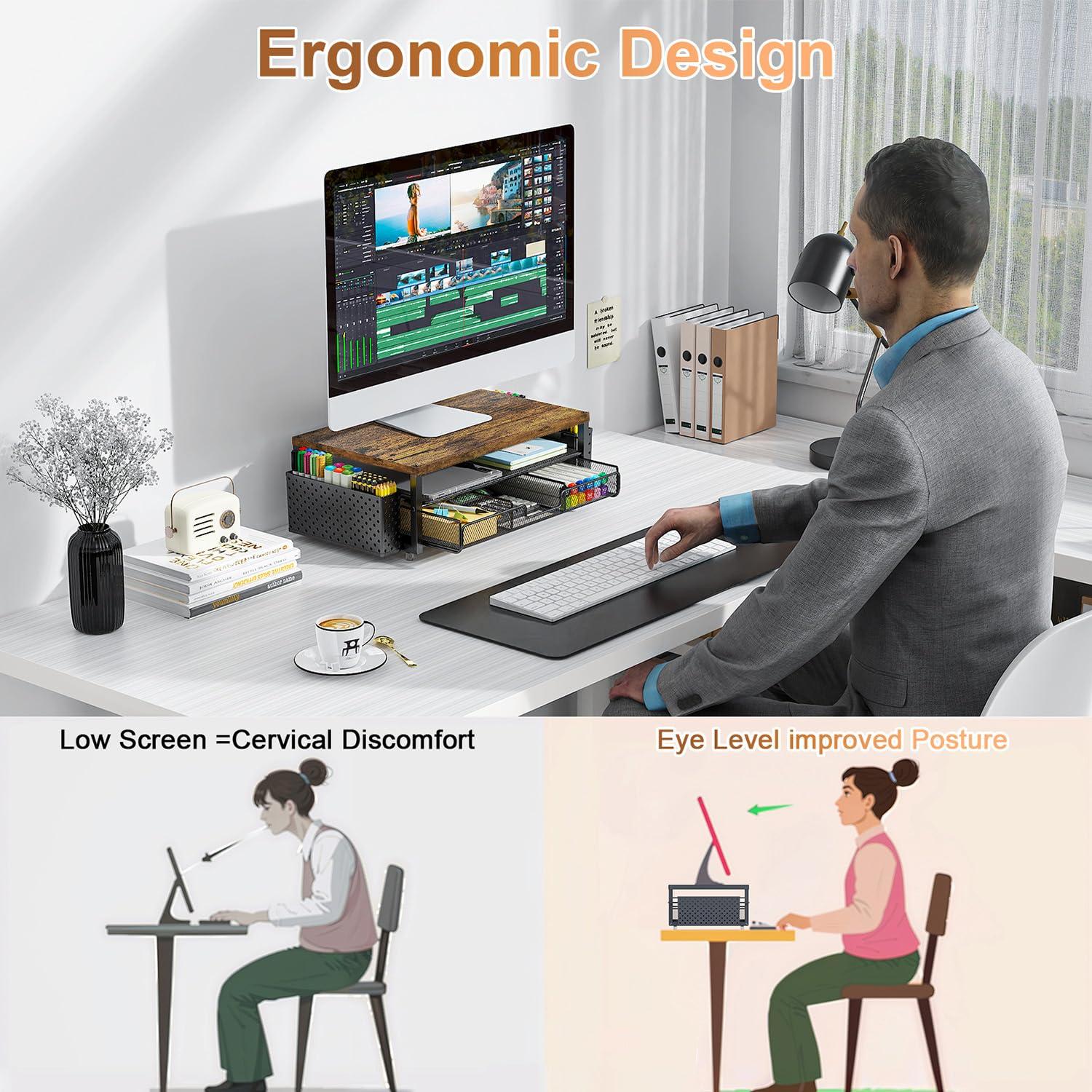 gianotter Monitor Stand Riser, Office Desk Shelf Organizer, Desk Organizer with Drawer and Pen Holder, 2-Tier Computer Stand, Office Organization (Wood) - Image 4