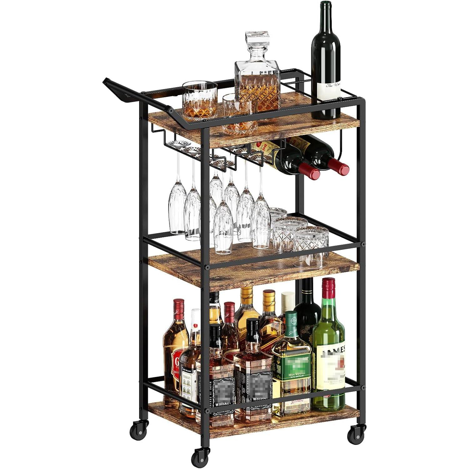 LOTEYIKE 3 Tier Bar Cart, Mini Liquor Utility Cart for Wine Beverage Dinner Party, Rolling Wine Coffee Drink Serving Cart with Lockable Wheels for Home Kitchen Bars (Rustic Brown)