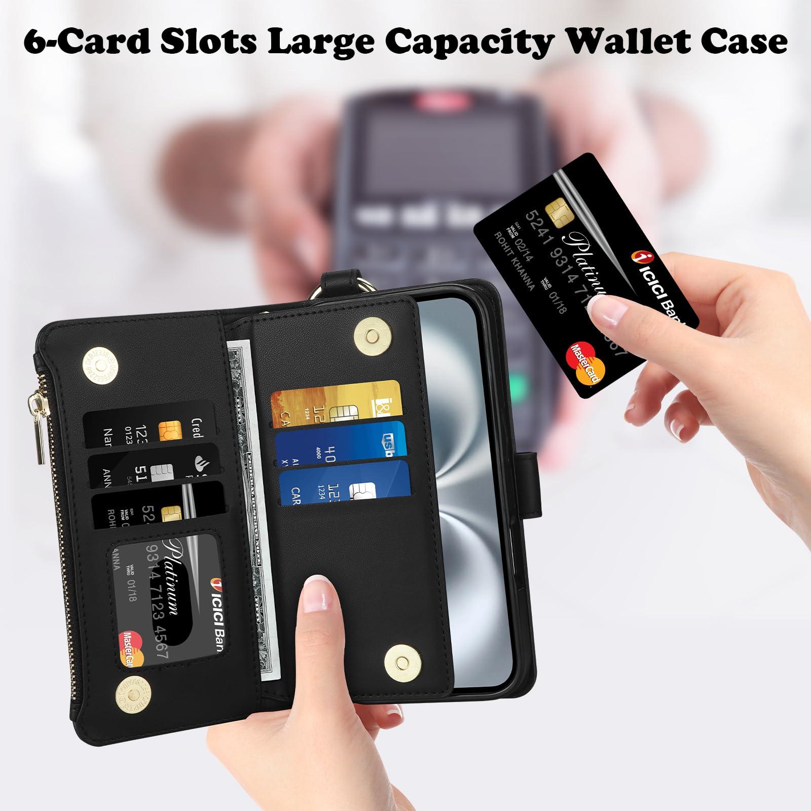 Vofolen for iPhone 16 Case with Card Holder Crossbody Strap Leather Flip Case with Magnetic Clasp Kickstand Zipper Pocket Metal Ring Heavy Duty Protective Wallet Phone Case for Women, Black - Image 3