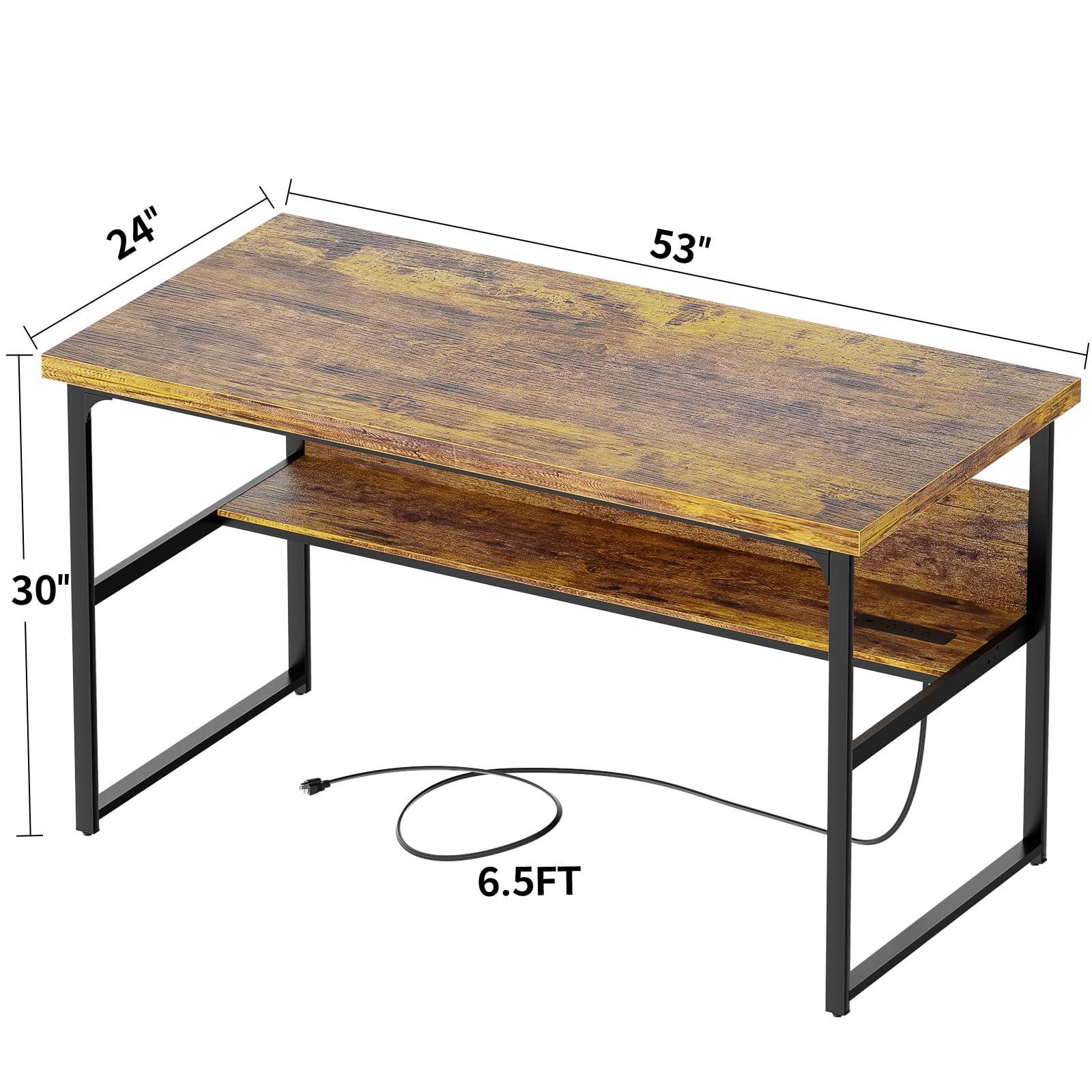 Unikito Computer Desk with Power Outlets, Executive Desk with Extra Thick Tabletop, Computer Office Desk Workstation with Bookshelf, Modern Simple Study Writing Table for Home Office, Rustic Brown - Image 2