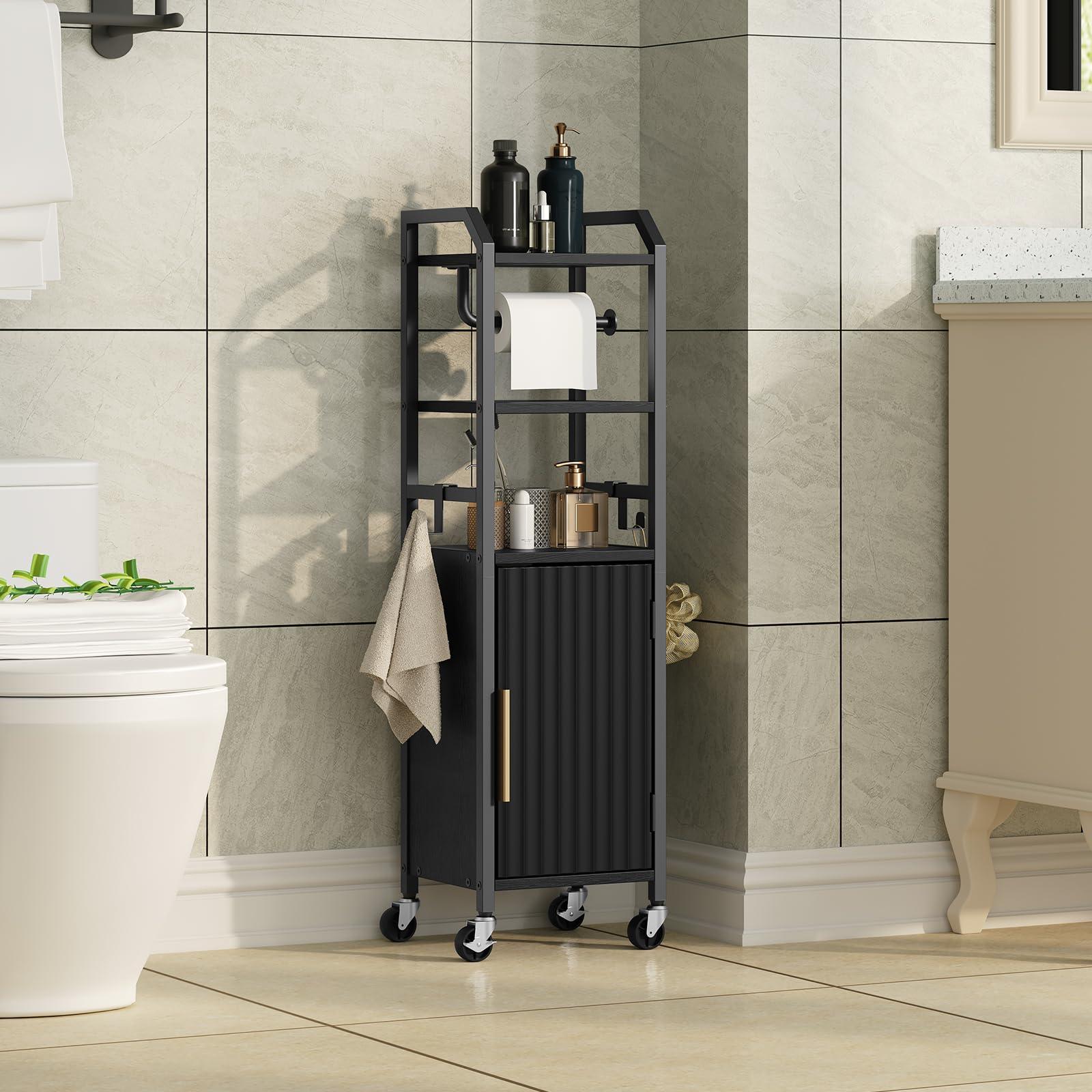 MAHANCRIS Small Bathroom Storage Cabinet, Slim Corner Floor Cabinet with Wheels, Narrow Bathroom Organizer with Adjustable Shelf, Toilet Paper Storage Cabinets, for Small Spaces, Black - Image 8