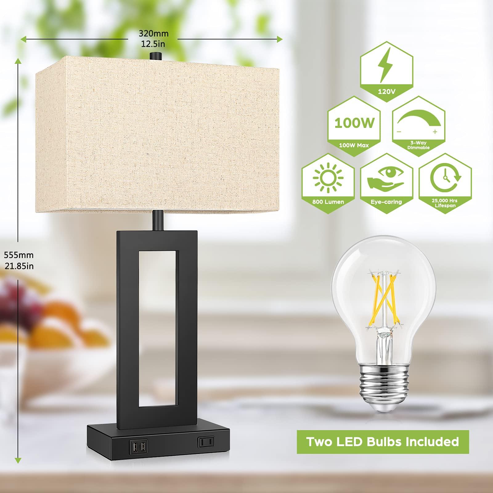 Set of 2 Touch Control Table Lamp with 2 USB Ports, 3-Way Dimmable Modern Nightstand Lamp Sets Bedside Touch Desk Lamp with Fabric Cream Shade For Bedroom Table Living Room Reading, Included Bulbs - Image 2