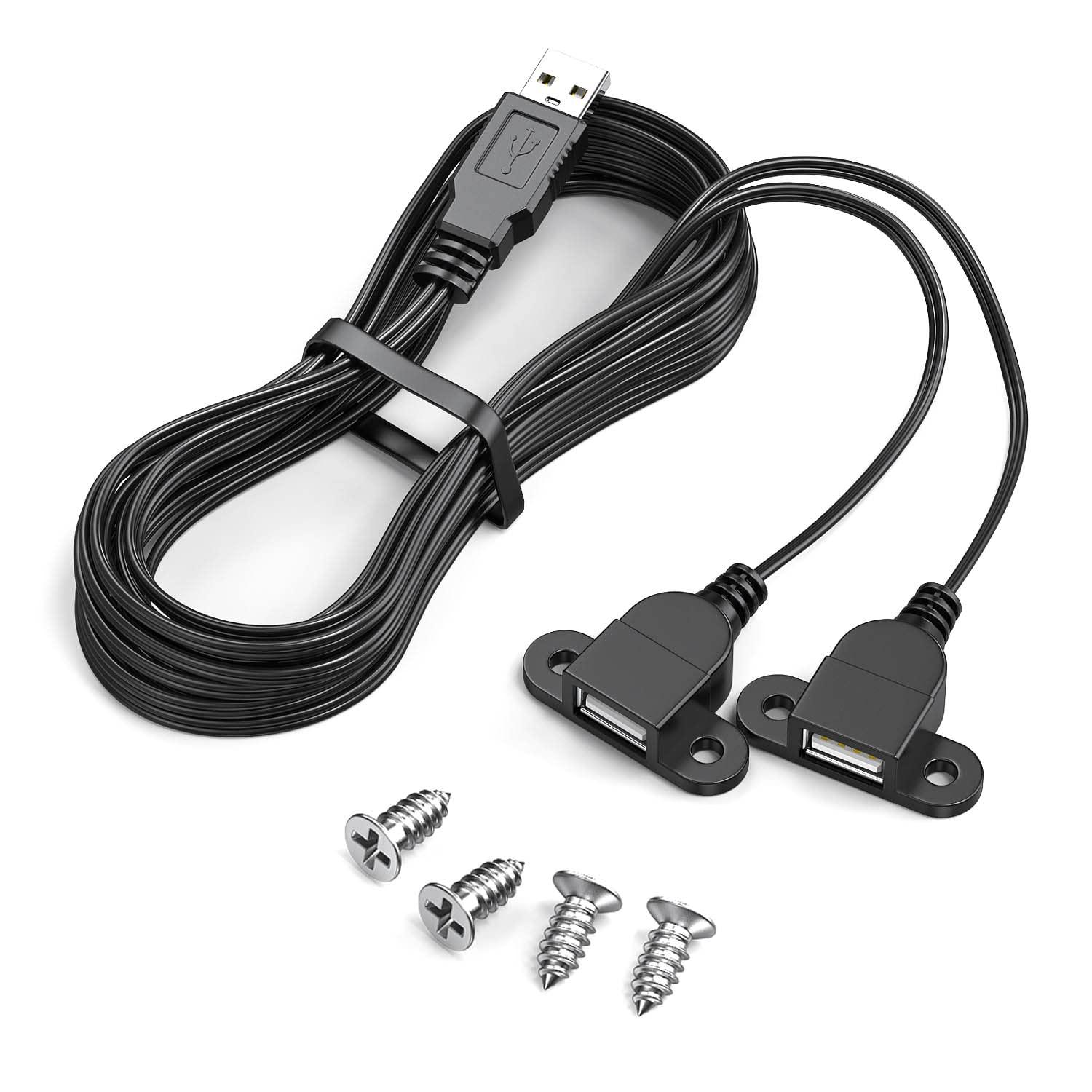 JUXINICE USB Charging Extension Panel Mount Cable,USB 2.0 Charging Port 1 to 2 Panel Mount with Screw Hole, Used for Furniture/Mobile Phones/Portable Power and More(5FT/1.5m) with 4PCS Screw