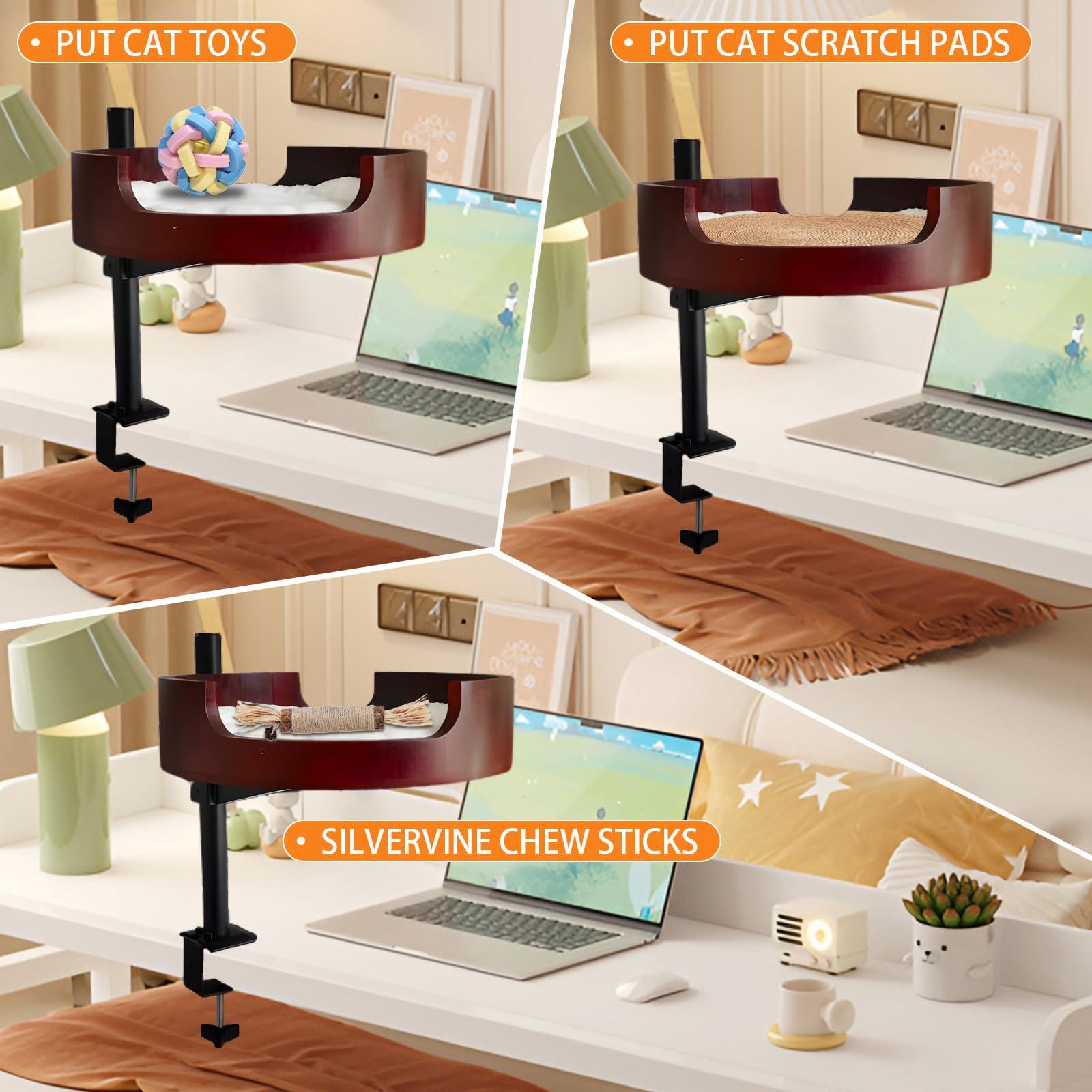 XZKING Cat Desk Bed- Adjustable Wooden Cat Bed for Home Office and Study Rooms, Desktop Kitten Furniture Attachment with Pet Mat, Ball, Mouse (Large) - Image 5