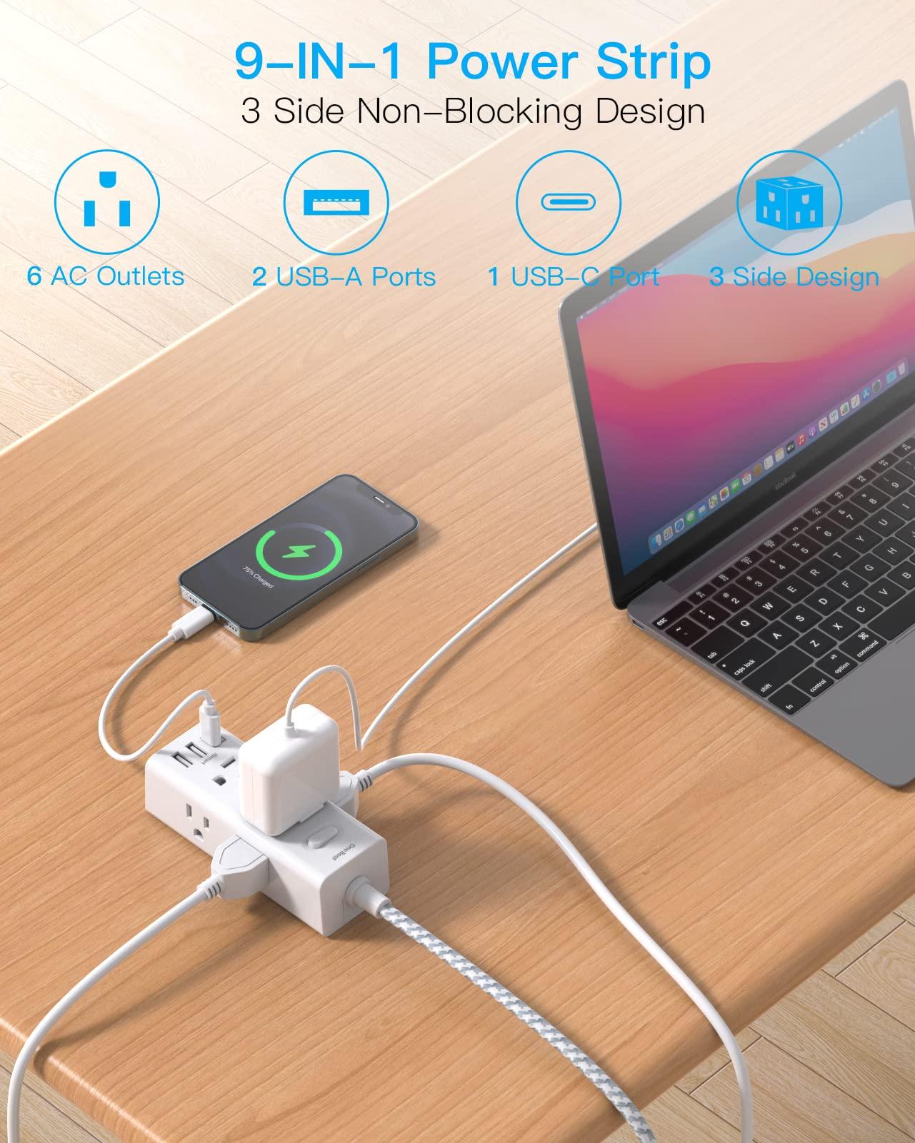 10 Ft Power Strip Surge Protector - One Beat 6 Widely Outlets with 3 USB Ports(1 USB C), 3 Sided Outlet Extender, Flat Plug Extension Cord, Wall Mount Power Strip for Home Office Travel College Dorm - Image 6