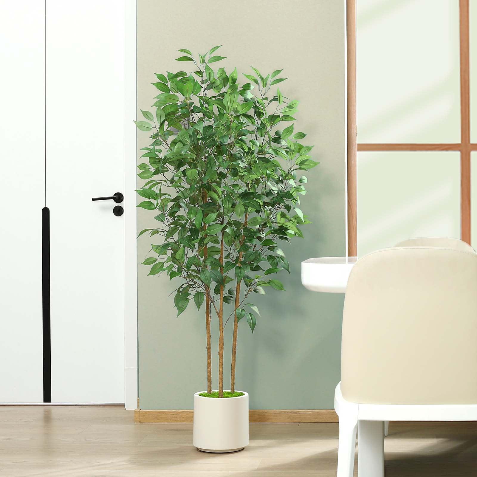 SOGUYI Ficus Artificial Tree 5ft Tall Fake Ficus Tree for Home Decor Indoor Faux Silk Ficus Plant Fake Floor Plant in White Imitation Ceramic Planter with Green Fake Moss, Set of 1 - Image 9