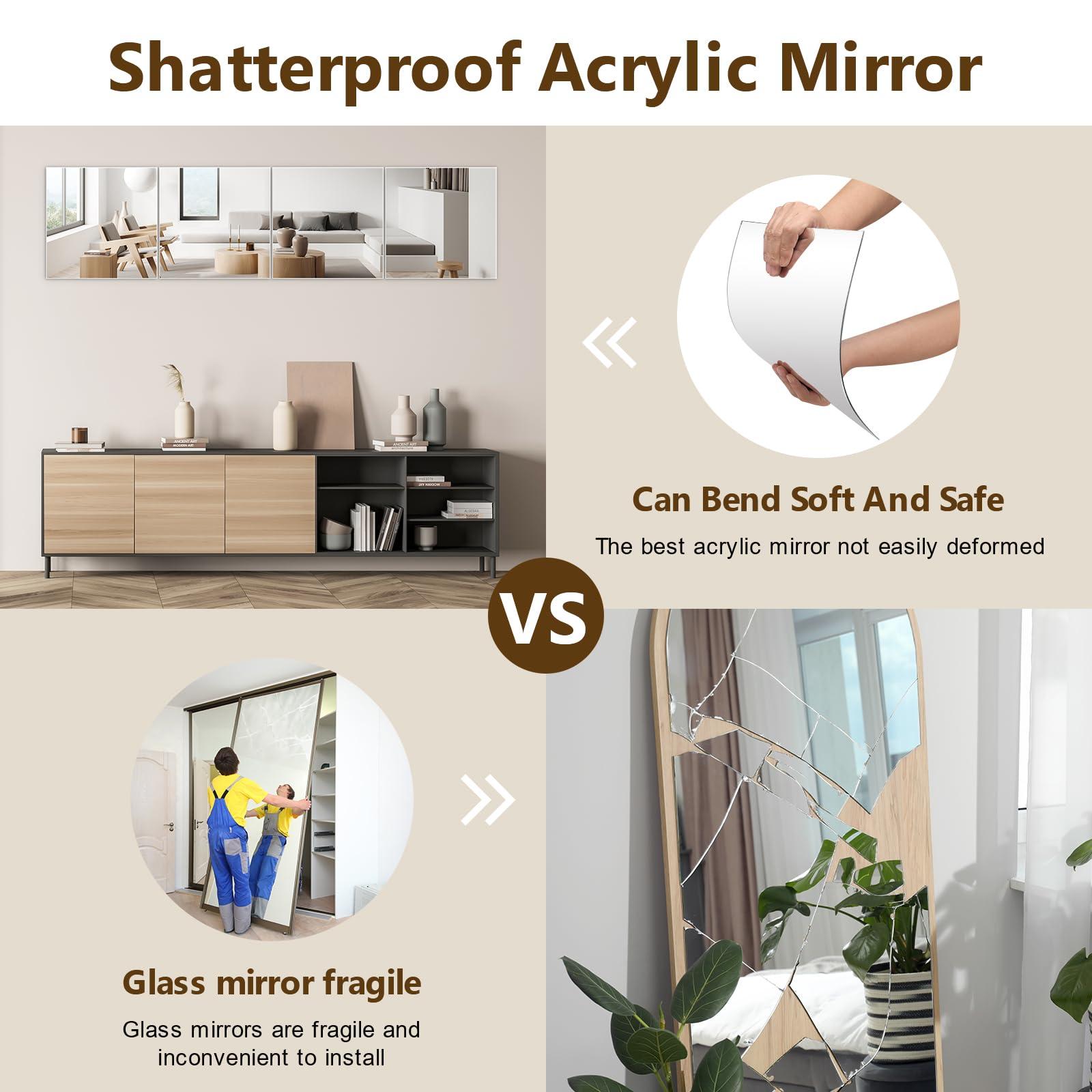 Shiftshade 4 Pack Wall Mirror Full Length, 12 x 12 Inch Acrylic Mirror Tiles, Shatterproof Flexible Plastic Mirror Sheets for Bedroom Home Gym Door - Image 4