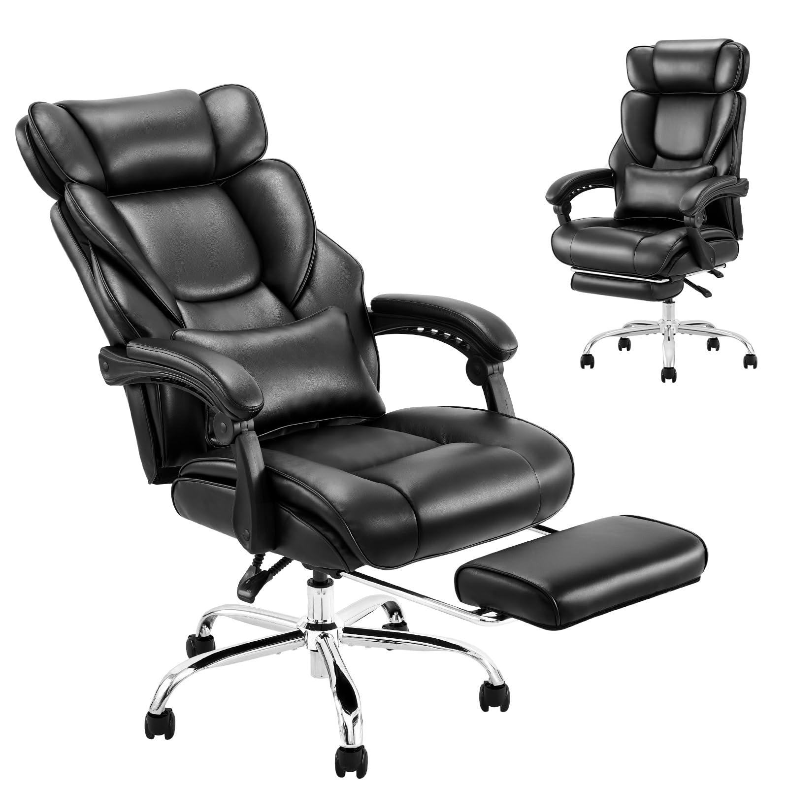 COLAMY Office Chair with Retractable Footrest, Ergonomic High Back Design Executive Computer Desk Chair with Removable Lumbar Pillow, 90-135°Reclining, Thick Bonded Leather for Home Office Work, Black