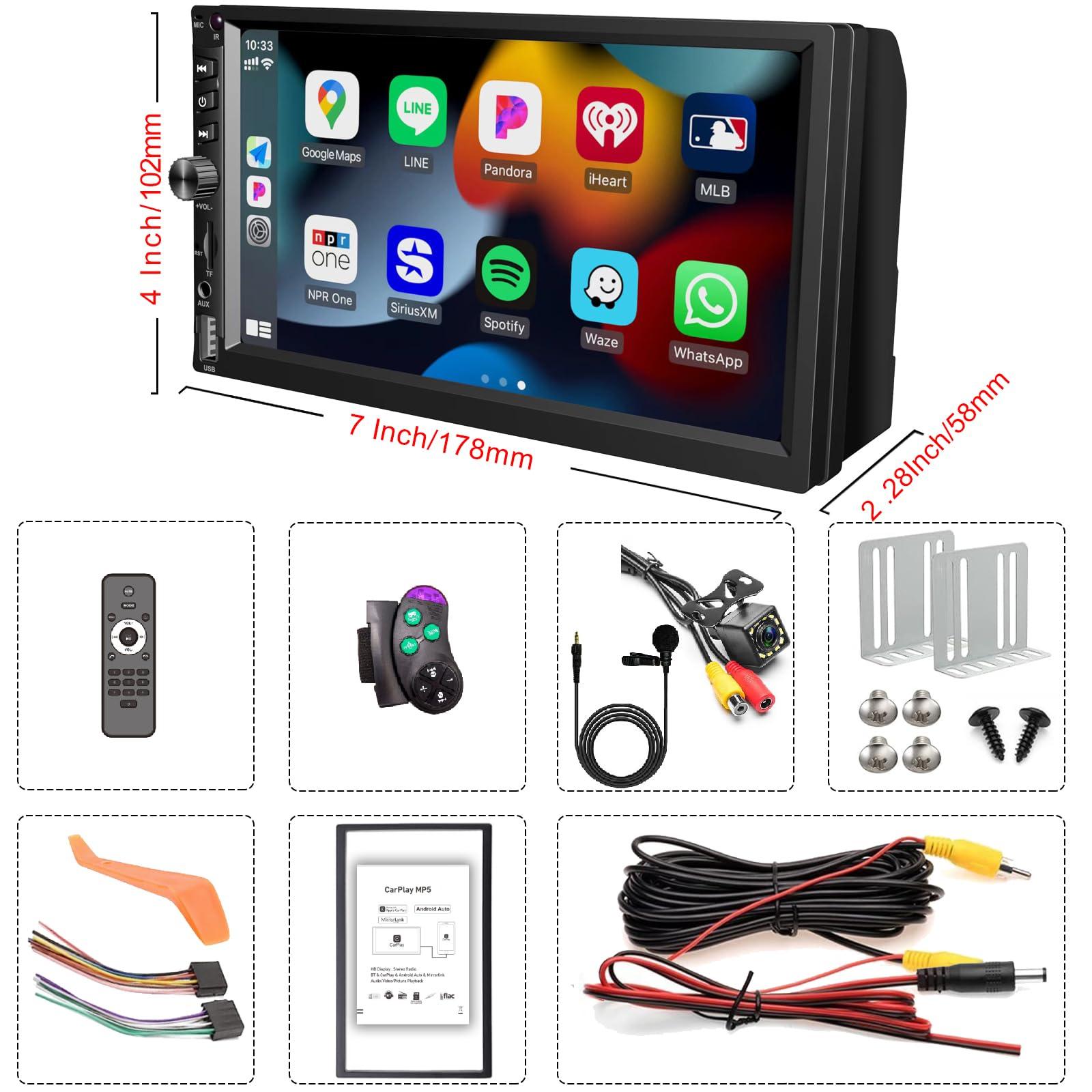 Wireless Double Din Car Stereo Works with Apple Carplay,7 Inch HD 1024 * 600 Touchscreen with Bluetooth 5.1,FM Car Radio,GPS Navigation,Backup Camera,Android Auto,Voice Control，USB/AUX/TF/SWC - Image 7