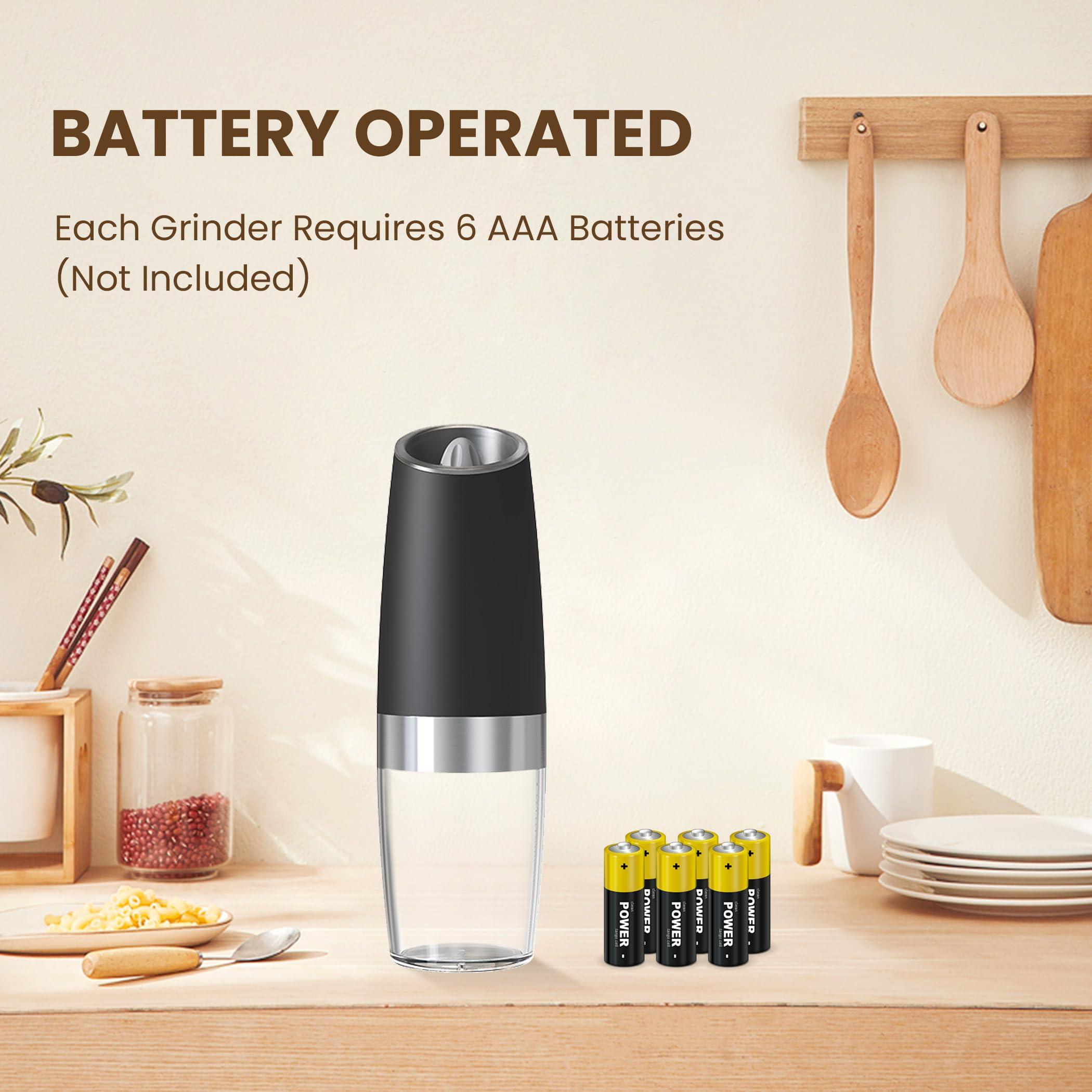 KIARYUOLL Gravity Electric Salt And Pepper Grinder Set, Automatic Salt And Pepper Grinder Set, Battery Powered (6 AAA Batteries Each), Adjustable Roughness, LED Light, 2 Pack, (Black) - Image 3