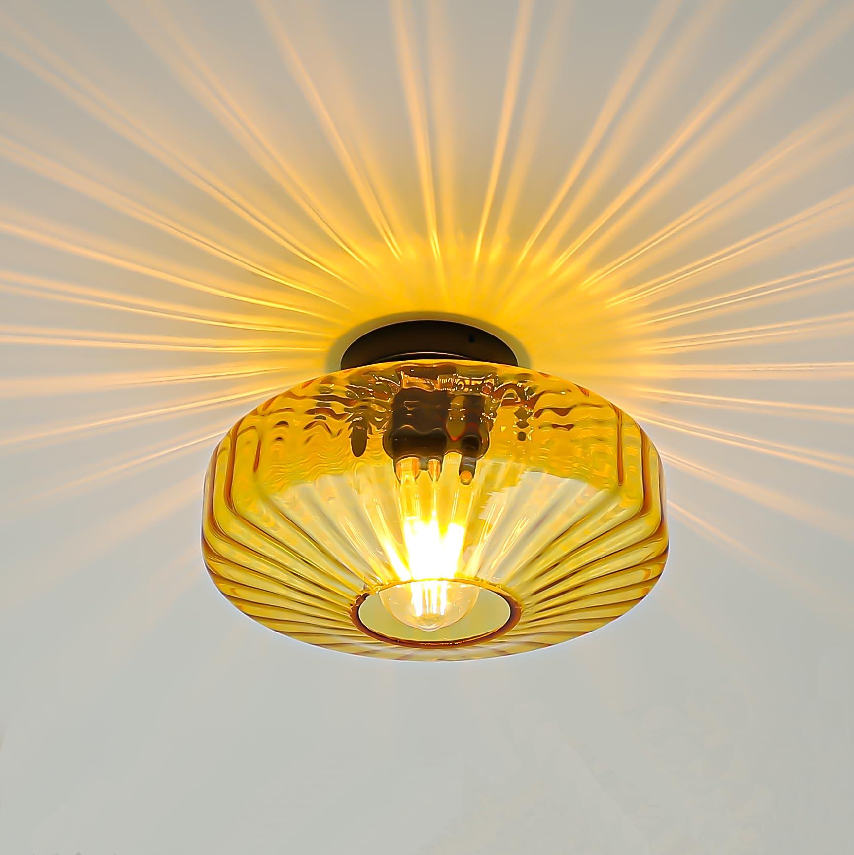 FCTWAKS Semi Flush Mount Ceiling Light, 11.8" Mid Century Modern 1-Light Close to Ceiling Light Fixtures with Drum Amber Glass Shade for Bedroom Entryway Hallway Porch Foyer