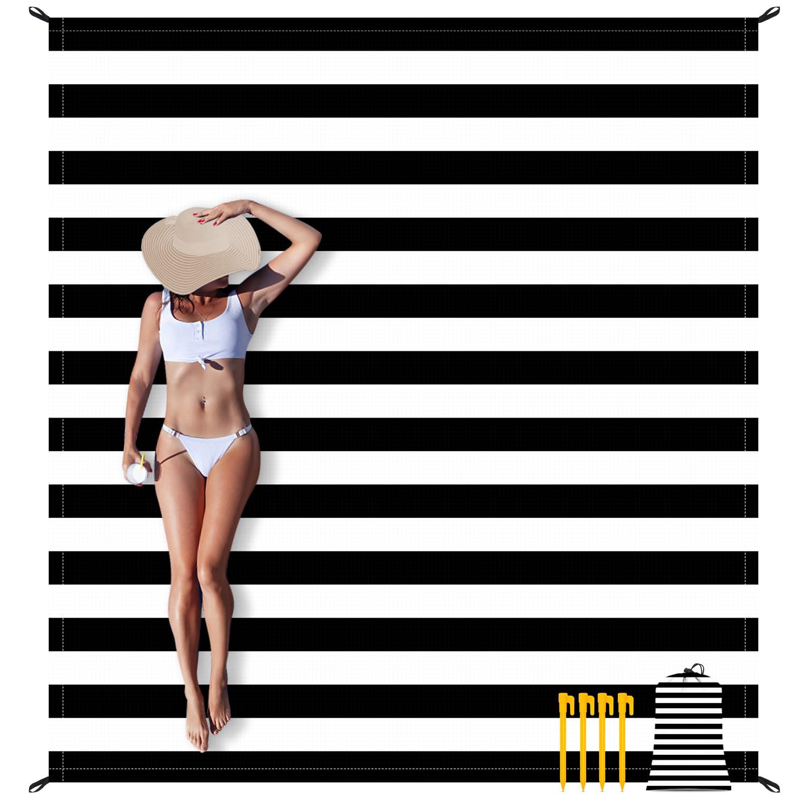 Large Beach Blanket, Black & White Stripe Beach Mat Sand Free Waterproof, Polyester Picnic Blankets Sandproof Stainproof Oversized 9 Ft X 10 Ft for 8 Adults, Beach Essentials Accessories