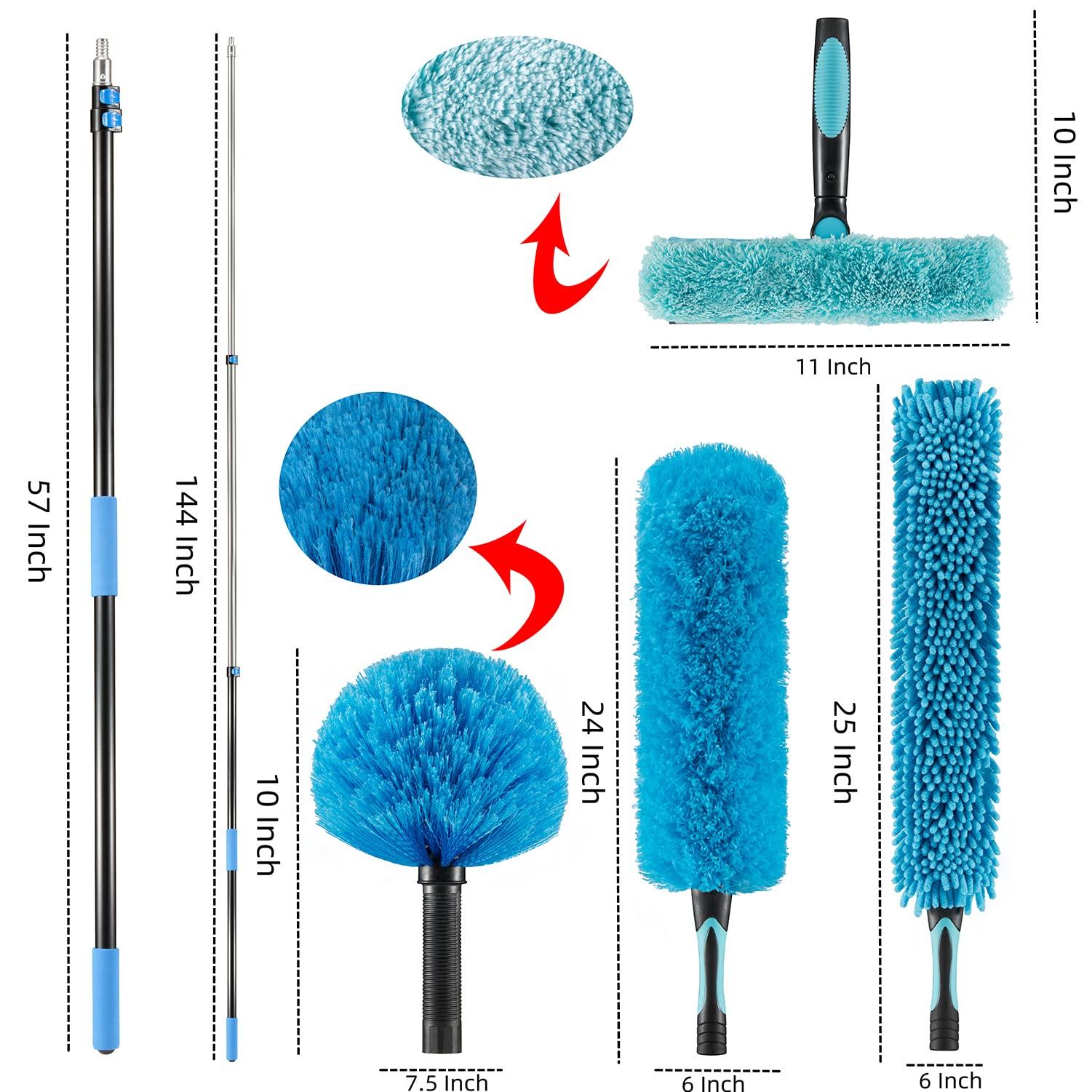 Hicavar 20 Foot High Ceiling Fan Duster with 5-12 Foot Extension Pole, Extendable Reusable Cobweb, Feather, Window Cleaning Squeegee Kit Blue - Image 3