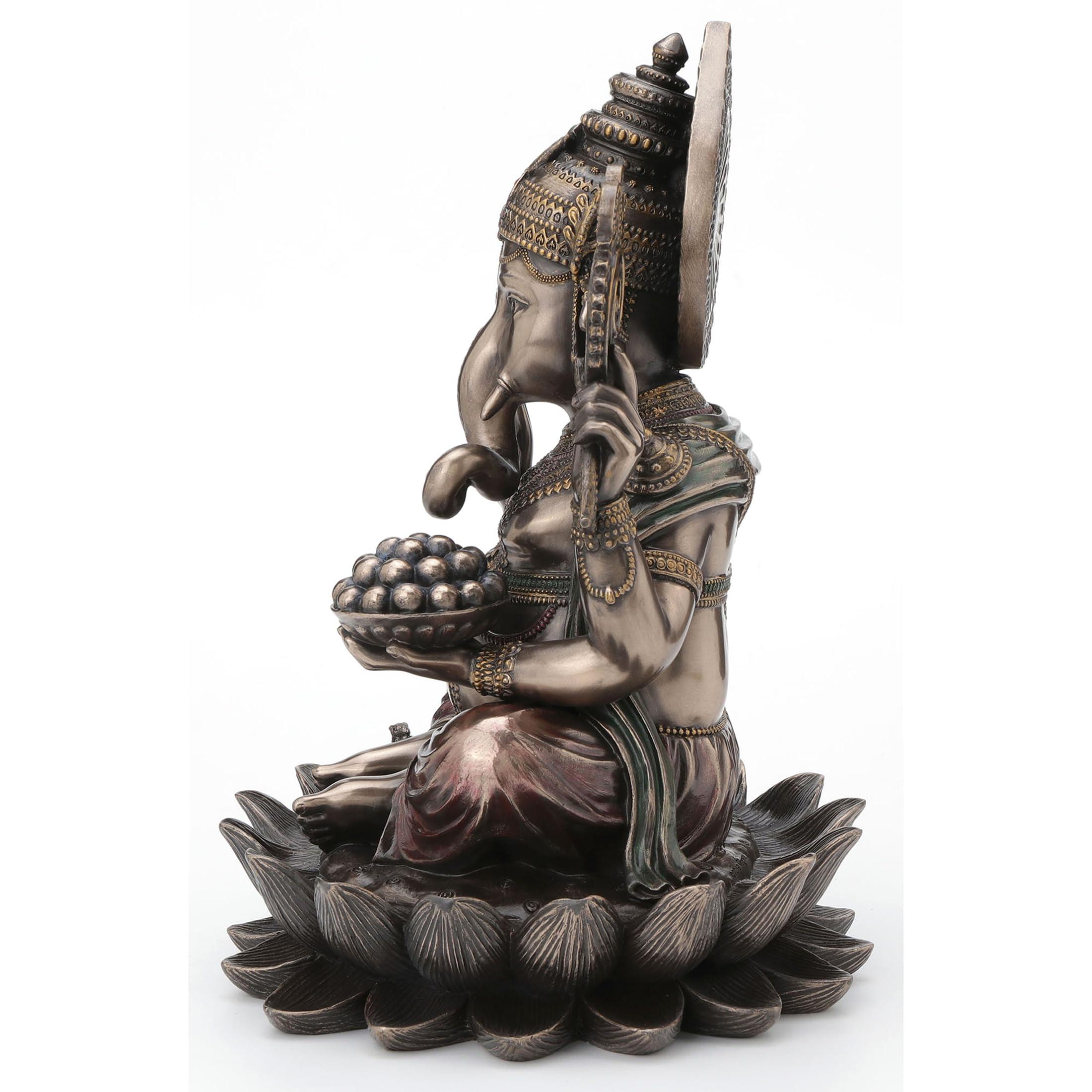 Veronese Design 9 7/8 Inch Lord Ganesha Sitting on Lotus Hindu God Antique Bronze Finish Resin Statue - Image 6