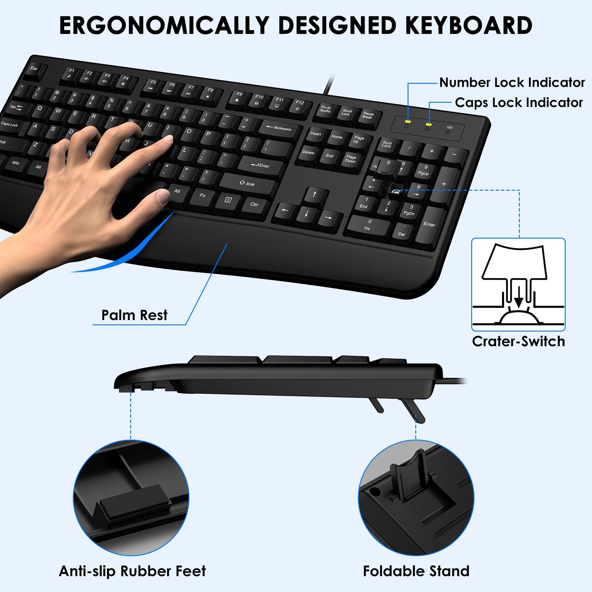 Wired Keyboard and Mouse Combo, EDJO Ergonomic Full-Sized Computer Keyboard with Palm Rest and Optical Wired Mouse for Windows, Mac Computer/Laptop/Desktop-Upgraded - Image 2