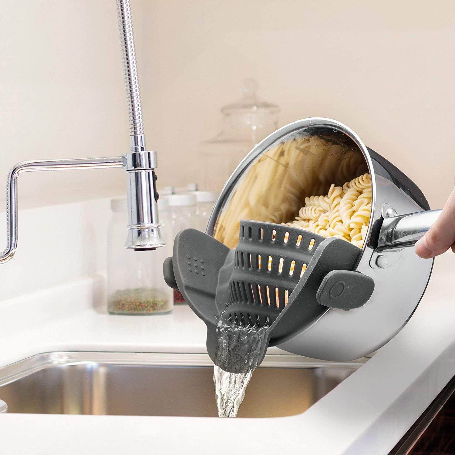 Snap N' Strain Clip-On Pasta Strainer by Kitchen Gizmo - Silicone Colander for Pots and Pans - Heat Resistant Kitchen Essential - Cooking Gadgets for Home - Compact Design - Grey - Image 2