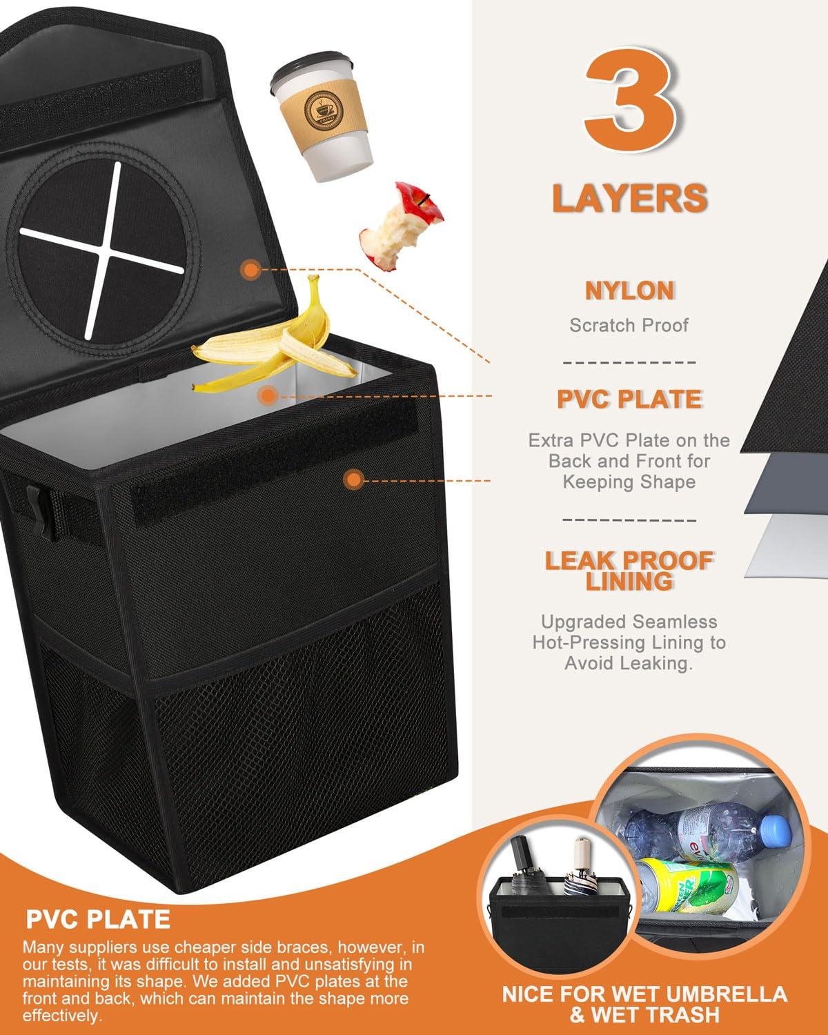 Pritent Car Trash Can with Lid, Cute Leakproof Car Trash Garbage Bag Hanging Vehicle Trash Bin Small Portable Automotive Garbage Cans Organizer for Back/Front Seat/Console(Trapezoid,Black) - Image 3