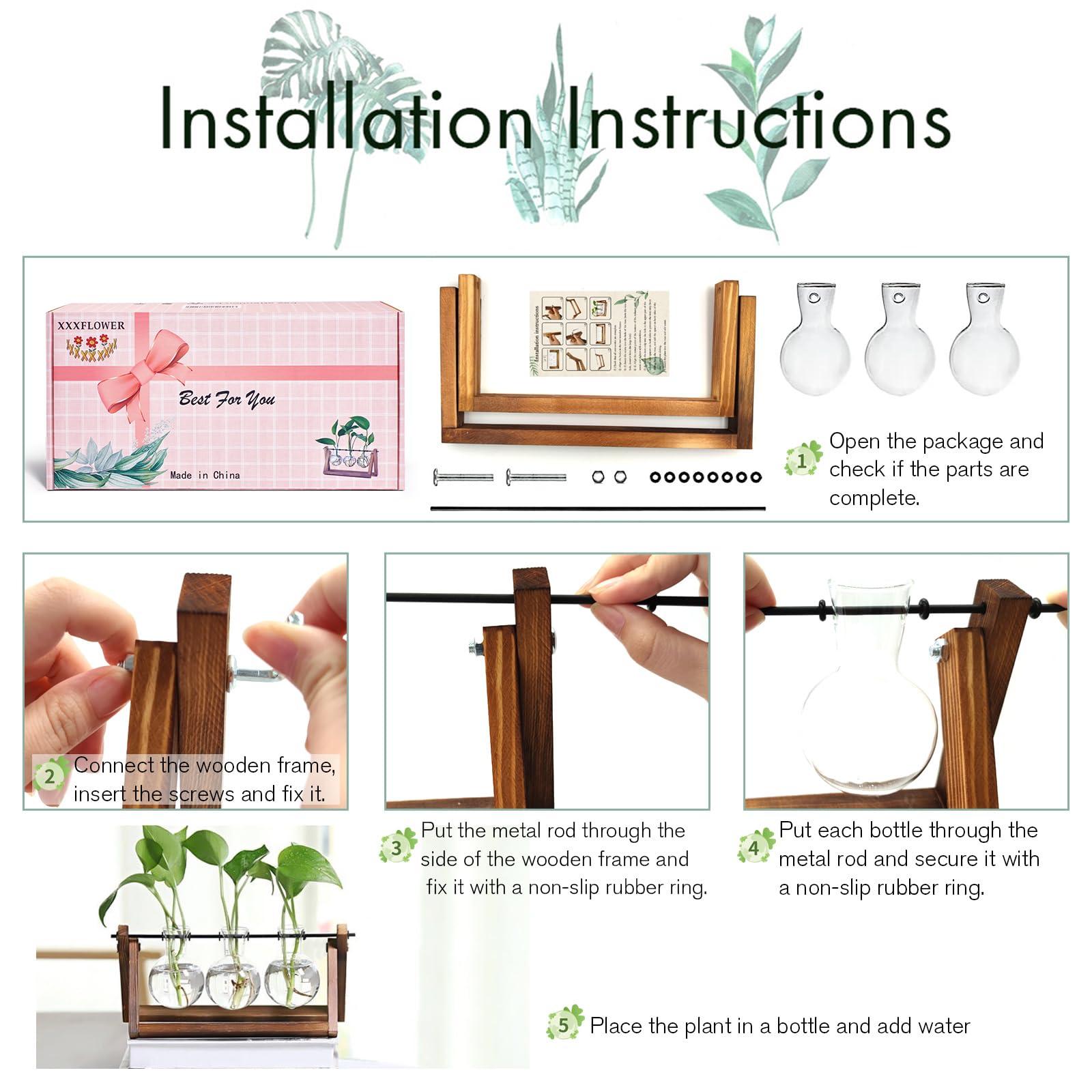 XXXFLOWER Plant Terrarium with Wooden Stand, Air Planter Bulb Glass Vase Metal Swivel Holder Retro Tabletop for Hydroponics Home Garden Office Decoration - 3 Bulb Vase - Image 3