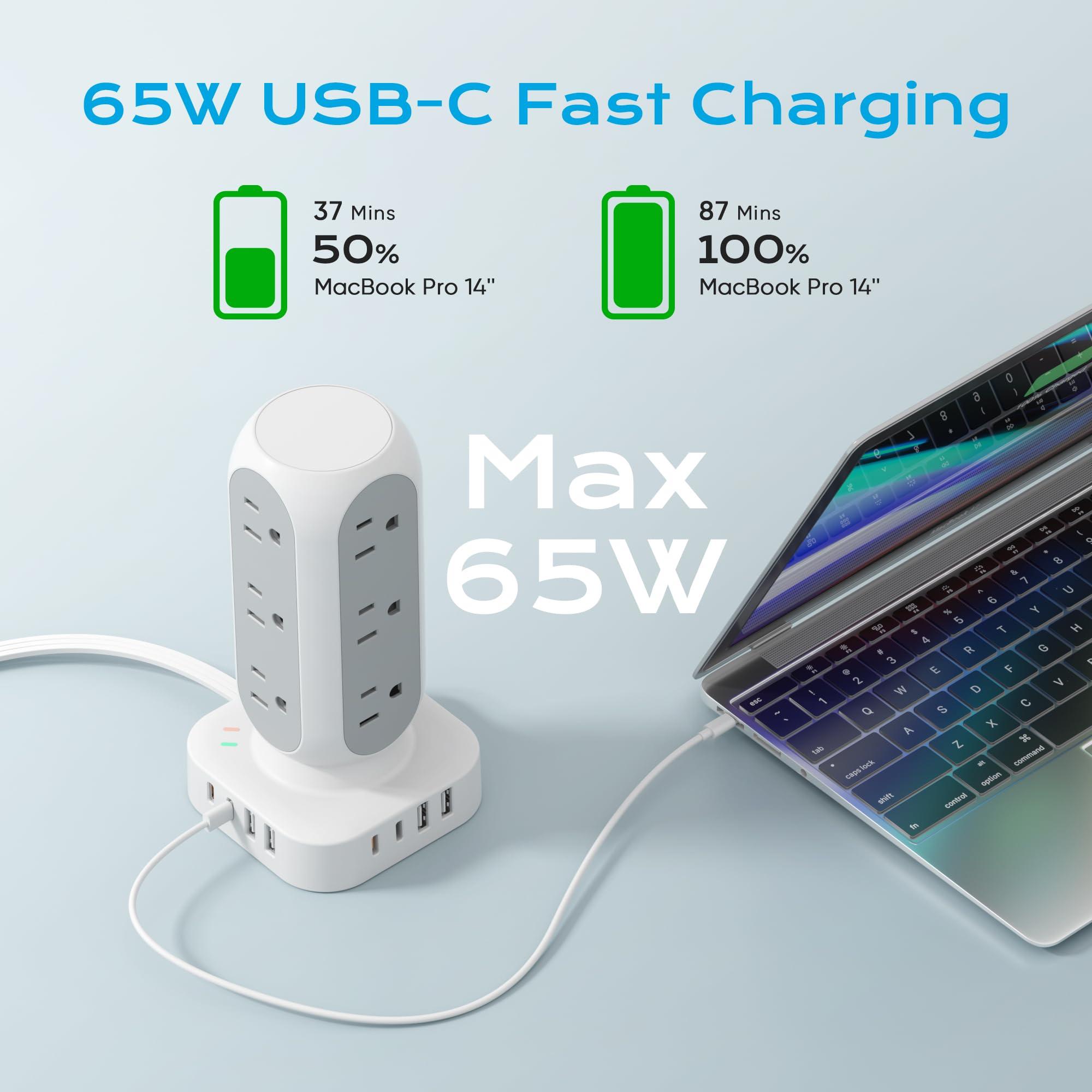 TenTrend 65W Fast Charging Station, Flat Plug Power Strip Tower with 12 AC Outlets & 8 USB Ports (2 PD USB-C Ports), 10FT Extension Cord, Compatible for MacBook Pro, iPhone Series. - Image 2