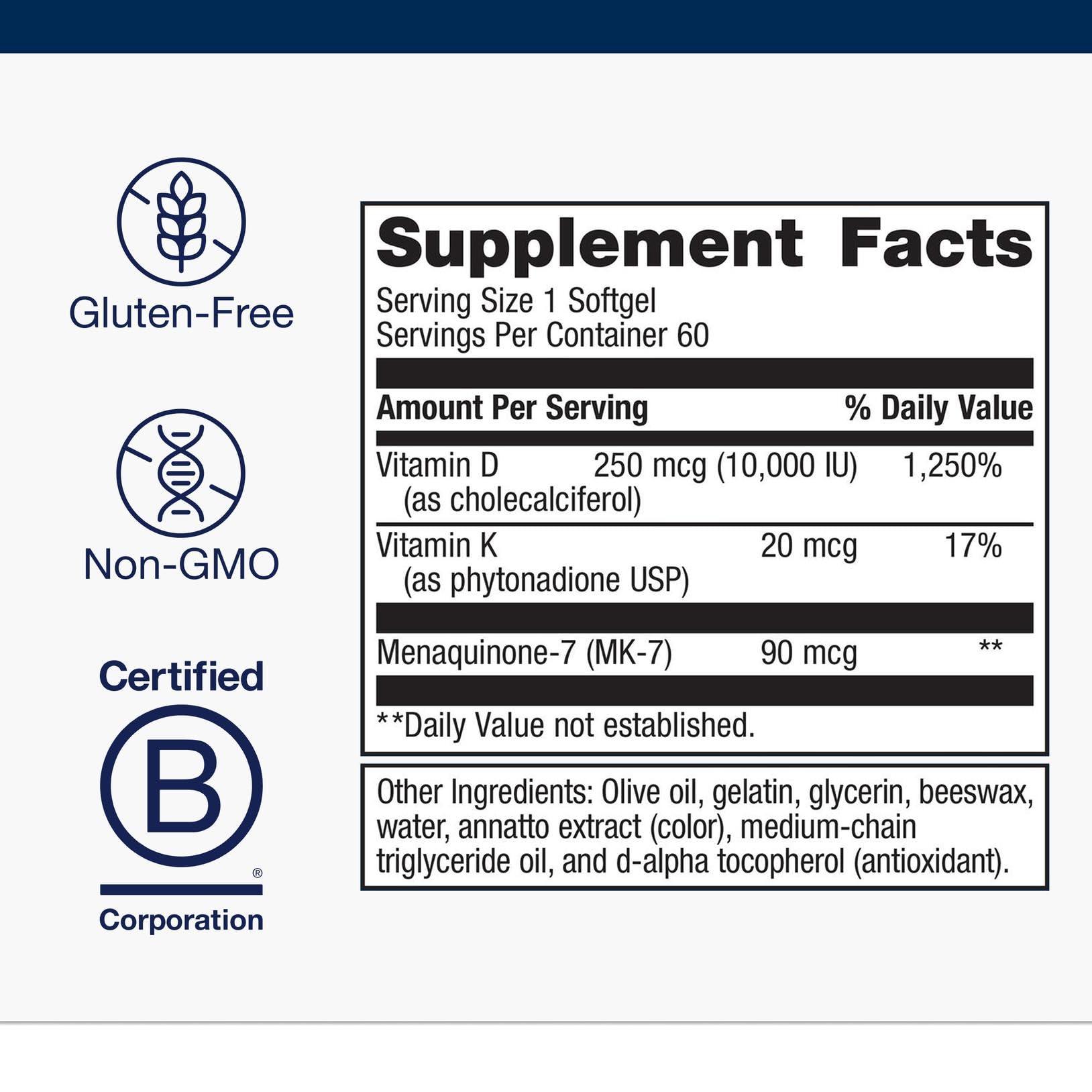 Metagenics Vitamin D3 + K - for Immune Support, Bone Health & Heart Health* - Vitamin D with MK-7 (Vitamin K2) - Non-GMO - Gluten-Free - 60 Softgels - 10,000 IU - Image 2