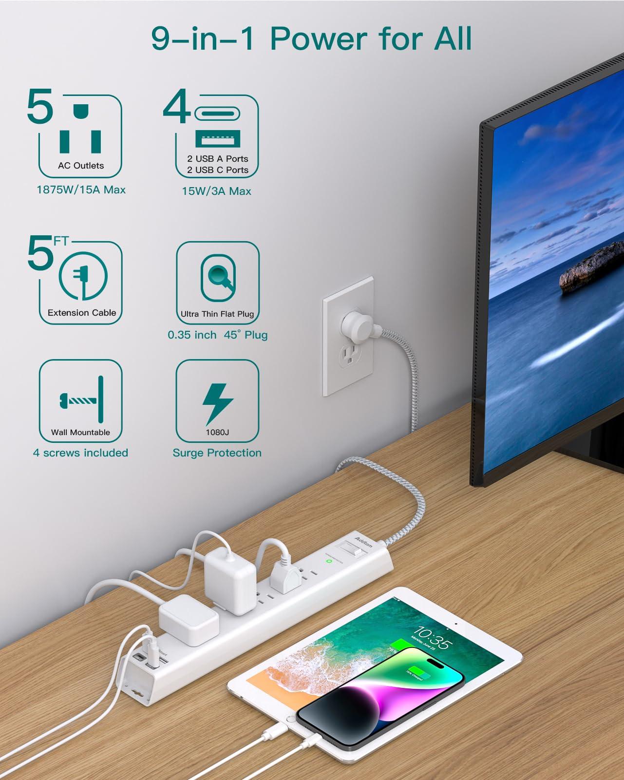 2 Pack Surge Protector Power Strip - 5 Widely Spaced Outlets 4 USB Ports, 5Ft Extension Cord, Flat Plug, Wall Mount Outlet Extender, Desk Charging Station for Home Office College Dorm Room Essentials - Image 2