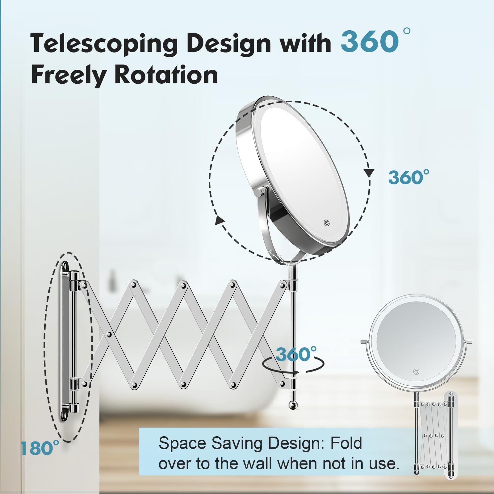 Rechargeable Wall Mounted Makeup Mirror - 8 Inch Double Sided 1X/10X Magnifying Mirror with 3 Color Lights Dimmable Touch Screen, 360°Swivel 19.6 Inch Extendable Accordion Bathroom Mirror - Chrome - Image 6