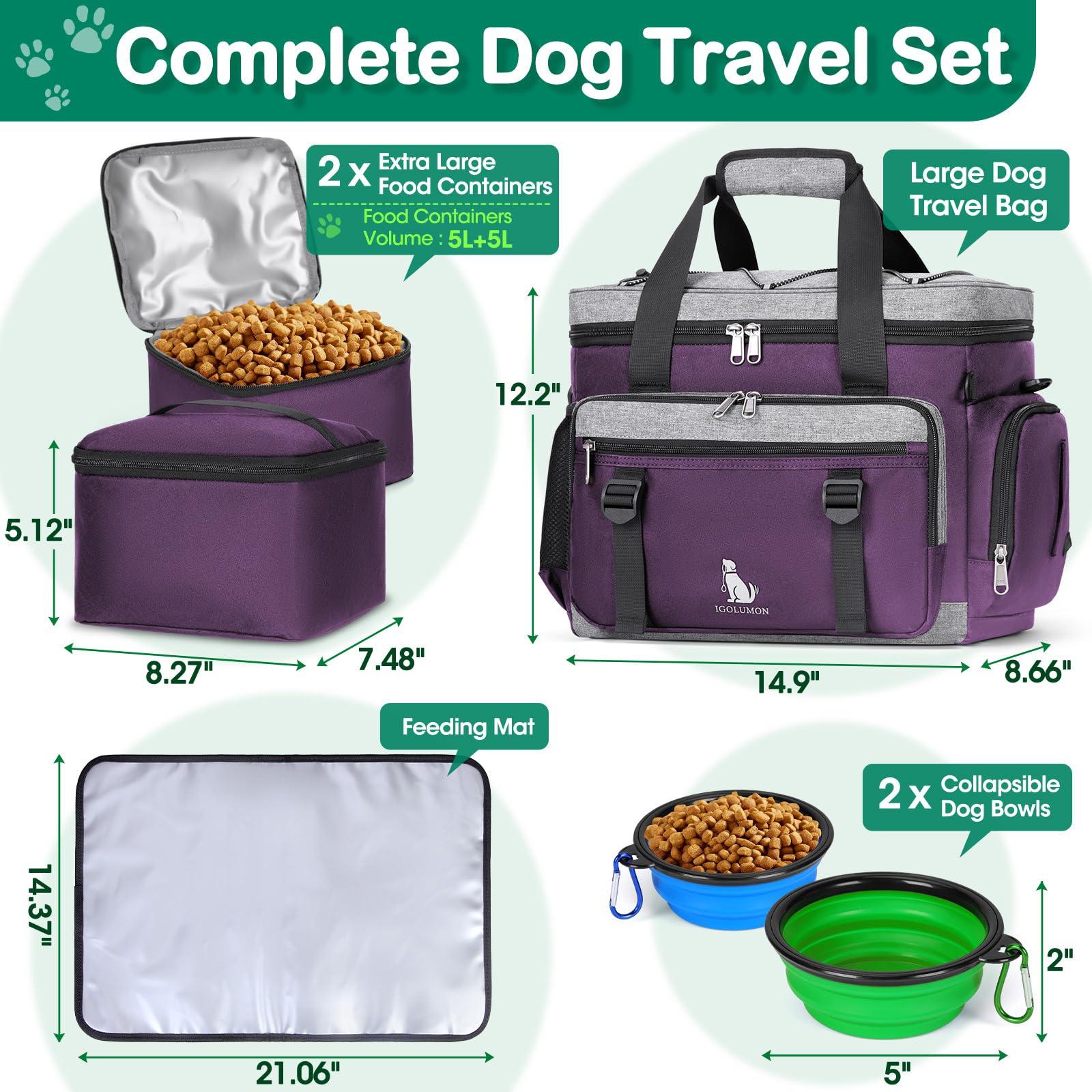 IGOLUMON Dog Travel Bag Large Pet Travel Bags Set for Supplies Weekend Dog Travel Kit Tote Organizer Multi-Pockets Dog Food Travel Bag with 2 Large Food Containers, 2 Dog Bowls, 1 Feeding Mat, Purple - Image 3