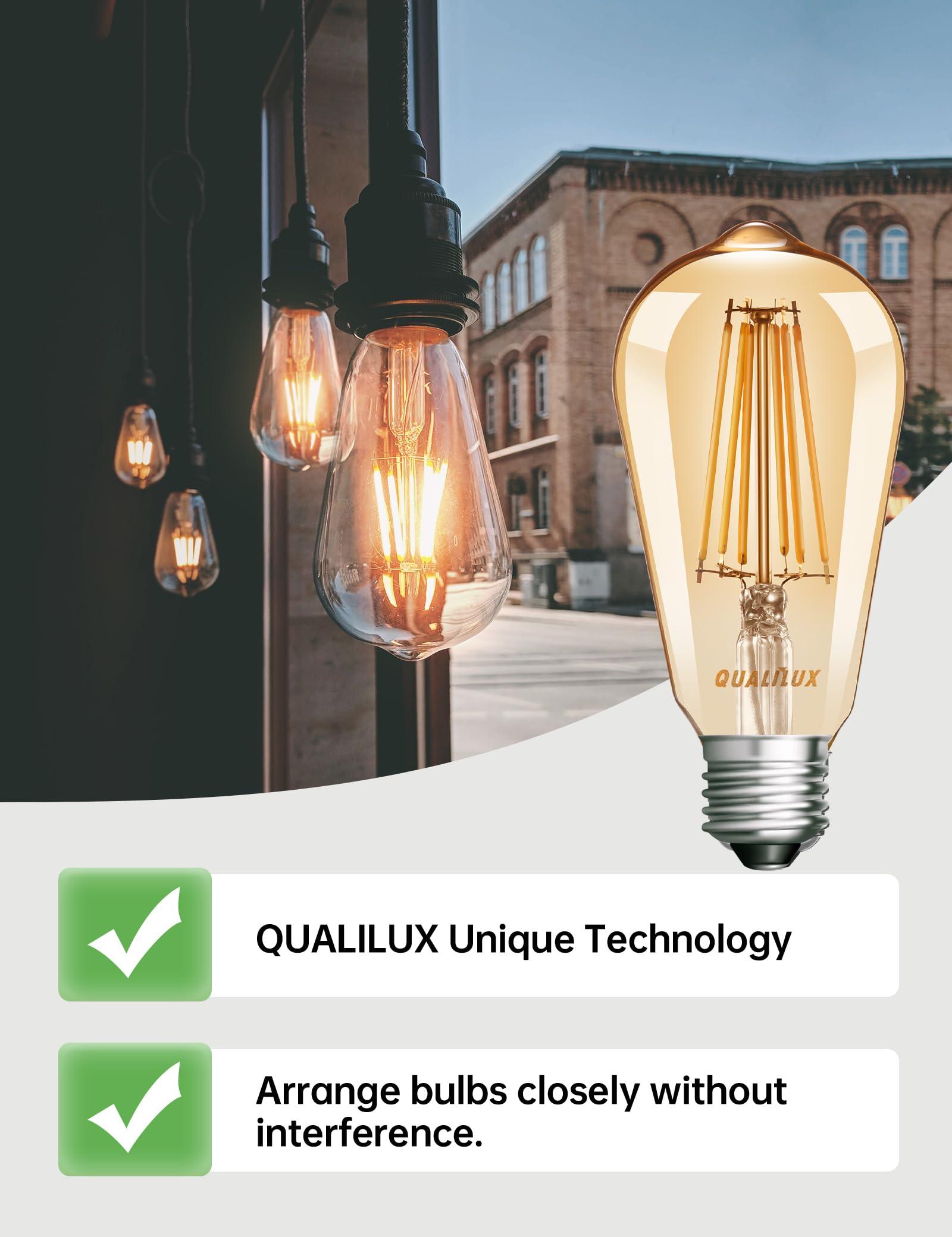 Qualilux Dusk to Dawn Edison Light Bulbs ST58(ST19), Vintage Amber Glass, 2300K Warm Light, 6.5W=60W, Auto On/Off Light Sensing LED Filament Bulb Outdoor, 700LM, Non-Dimmable, E26, 2-Pack, HQ-H027 - Image 3