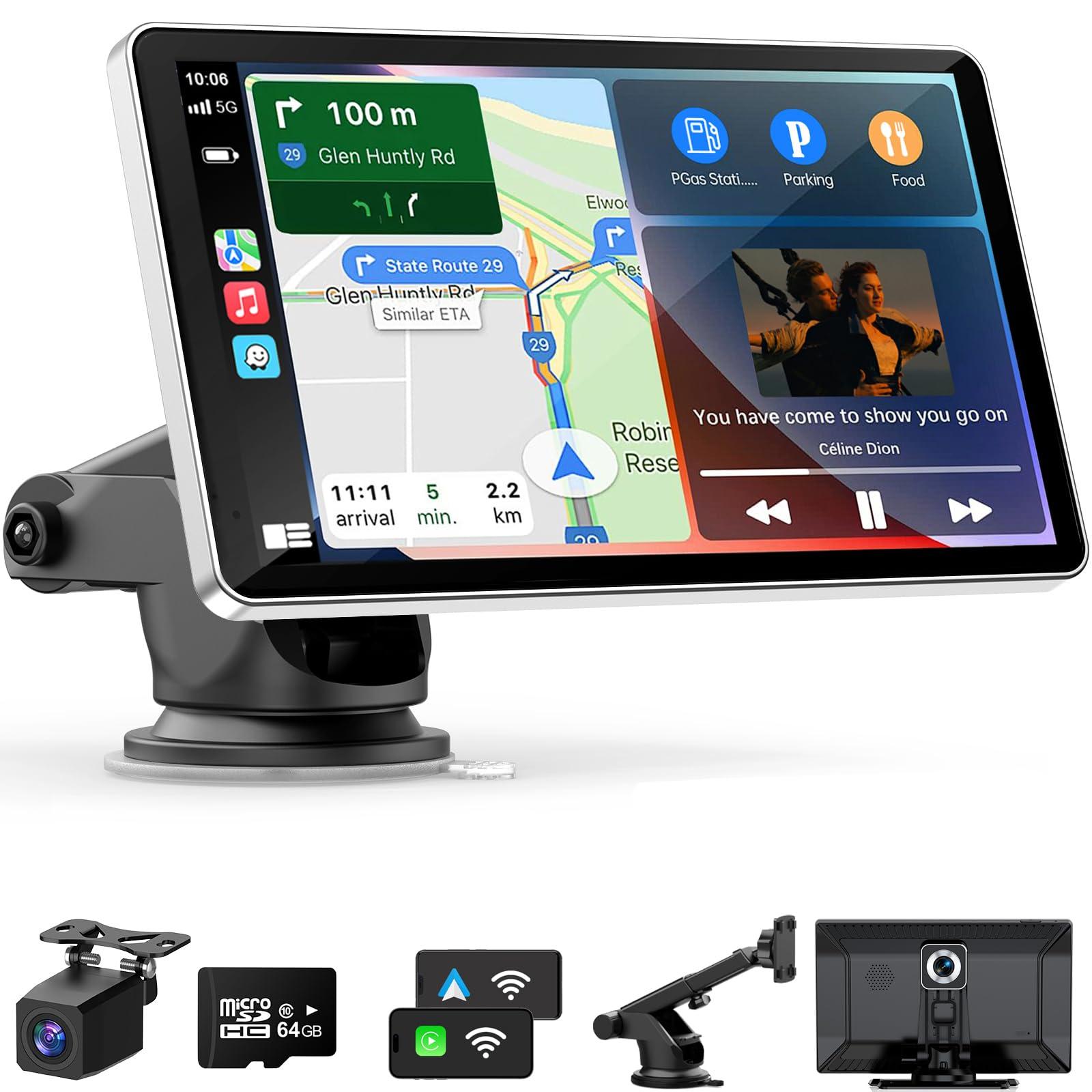 Oscio Wireless Carplay Screen for Car 4K Dash Cam & 1080P Backup Camera, 9" Portable Car Stereo with Apple Carplay & Android Auto, Voice Control, GPS Navigation, Mirror Link, Bluetooth