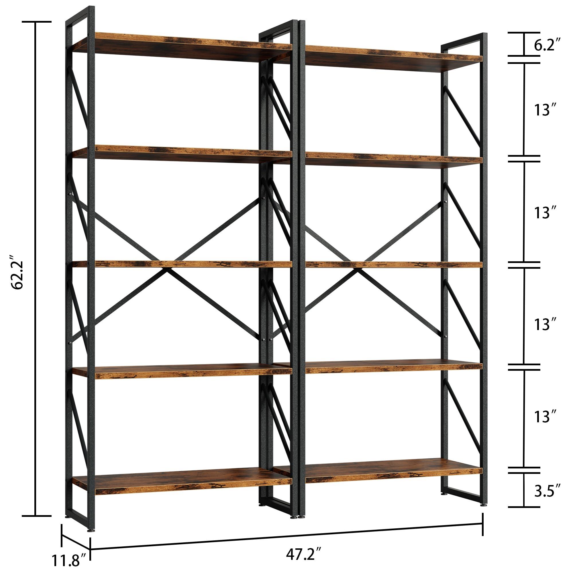 Shintenchi 2 Pieces 5 Tiers Bookshelf, Classically Tall Bookcase Shelf, Industrial Book Rack, Modern Book Holder in Bedroom/Living Room/Home/Office, Storage Rack Shelves for Books/Movies-Rustic Brown - Image 2
