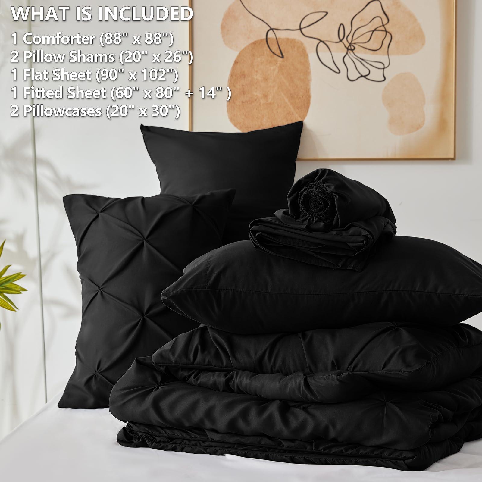 CozyLux Queen Comforter Set 7 Pieces Bed in A Bag Black Premium Comforters Queen Size Bed Set Pintuck Pinch Pleat Complete Bedding Sets with Comforter, Flat Sheet, Fitted Sheet and Pillowcases & Shams - Image 6