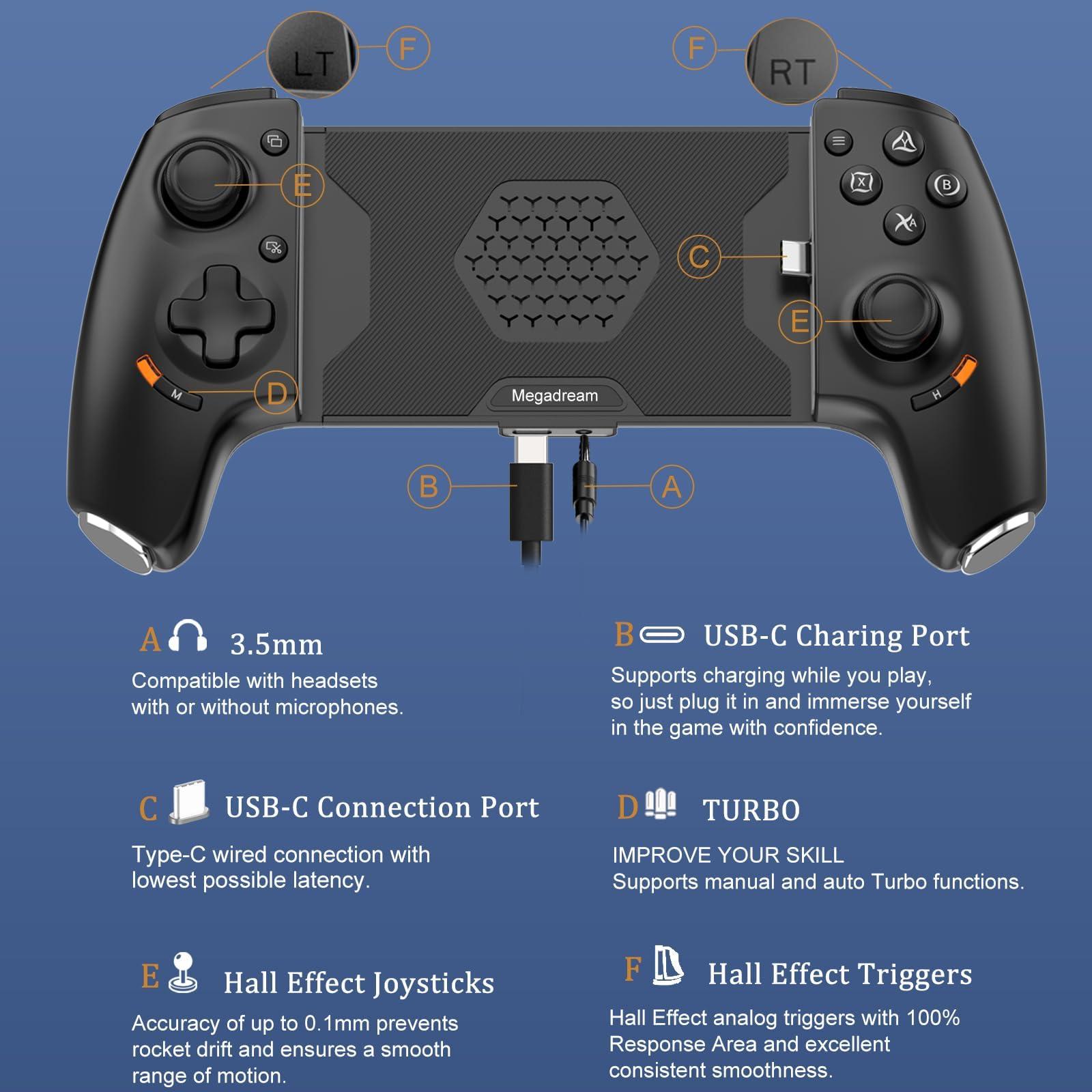 Megadream Phone Controller for iPhone 16/iPhone 15/Android USB C Mobile Gaming Controller with 3.5mm Audio Jack, Remote Player Gamepad for PS5/PS4/Xbox/PC, Cloud Game, Plug and Play, Hall Joysticks/Hall Trigger, 2 Mappable Buttons - Image 4