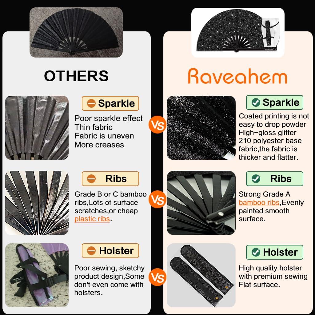 Raveahem Glitter Large Rave Folding Clack Hand Fan with holster for men/women Handheld Fan for EDM,Festival,Club,Party,Dance (Blk) - Image 6