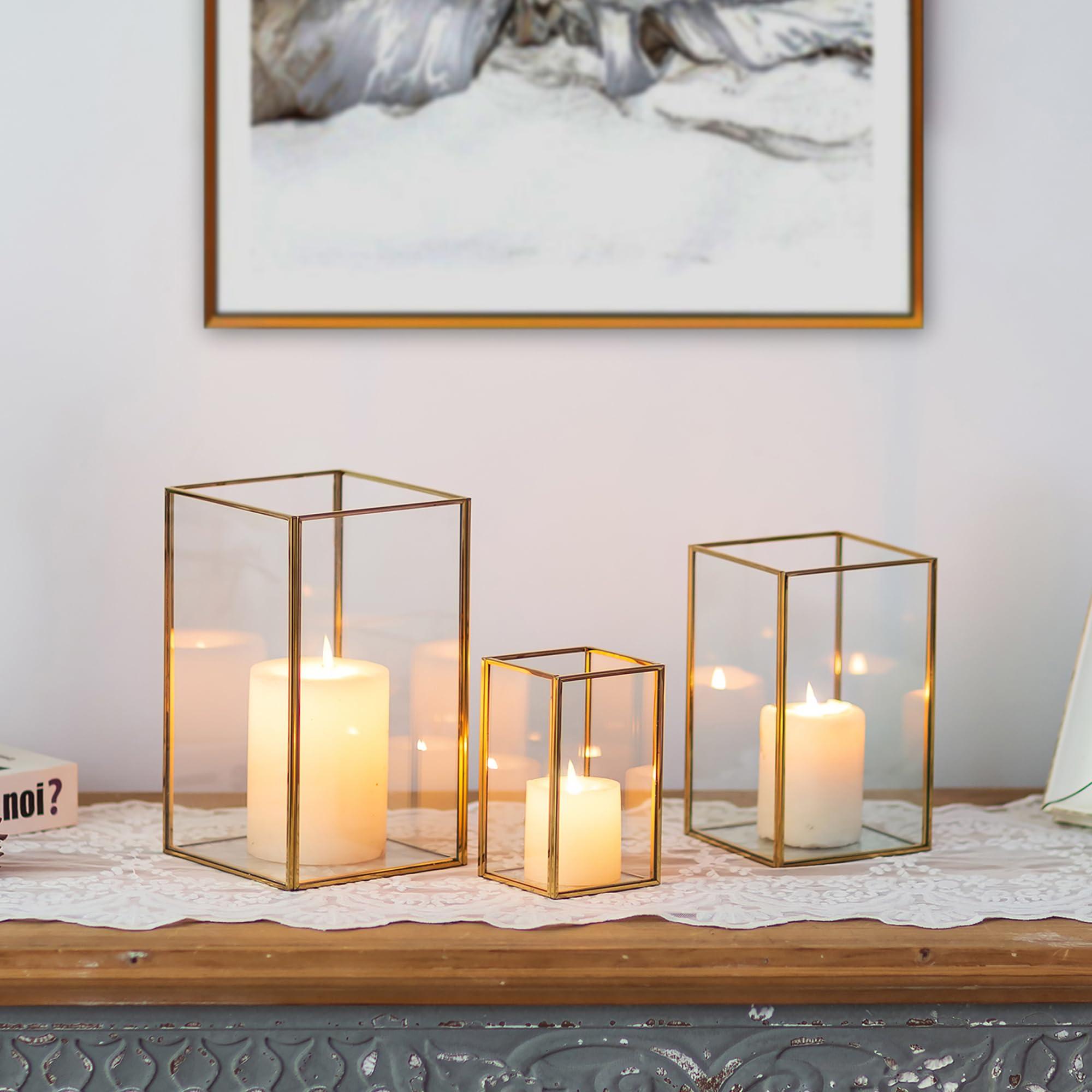 Glasseam Glass Hurricane Candle Holder: Set of 3 Gold Square Candle Holders for Pillar Candles Large for Table Centerpiece Wedding Christmas Decorative