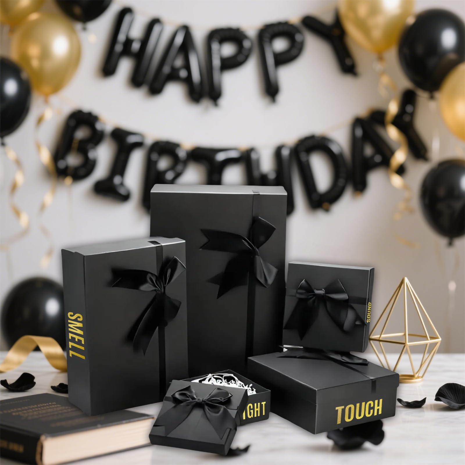 YIXAXKAO 5 Senses Gift Boxes for Him Five Senses Gift Birthday Decorations Black Nesting Gift Boxes With Lids Happy Birthday Banner Balloon for Husband Boyfriend (Black gold) - Image 5