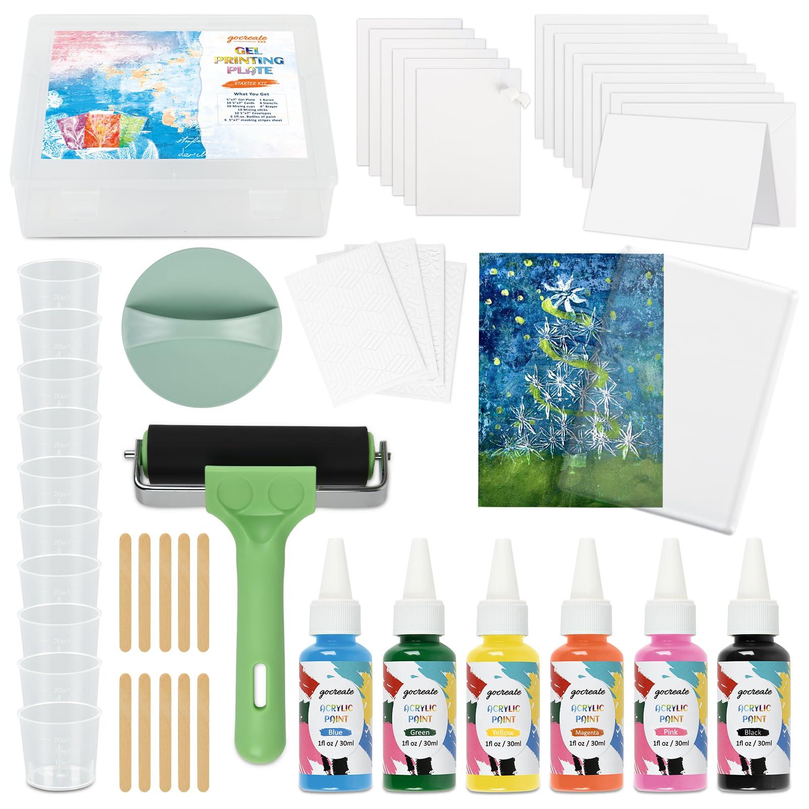 Gel Printing Plate Kits with Paints, Brayer, Baren, Stencils, Washi Stickers, Mixing Cups, Sticks , Blank Cards And Envelopes Storage Case 5X7 Gel Plate for Printmaking Supplies for Art And Crafts