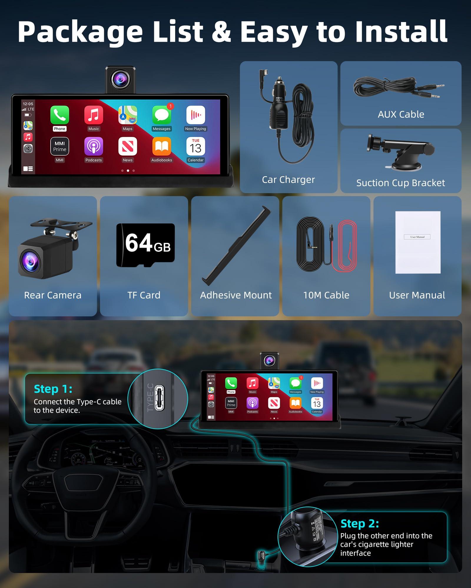 【350° Rotatable Lens】10.26''Wireless Apple CarPlay Screen for Car & 4K Dash Cam Portable Android Auto Car Stereo, Car Audio Receivers 1080P Backup Camera, Bluetooth/GPS Navigation/AirPlay/Googel/Siri - Image 9