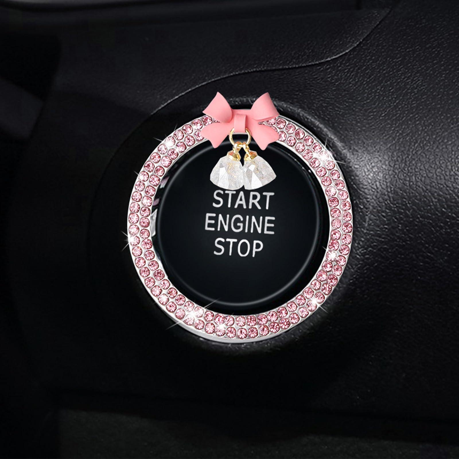 Pink Car Start Button Cover Sticker, Pink Bow Crystal Bell Start Decals, Key Ignition Knob Bling Ring, Automotive Interior Accessories Decoration for Women Girl
