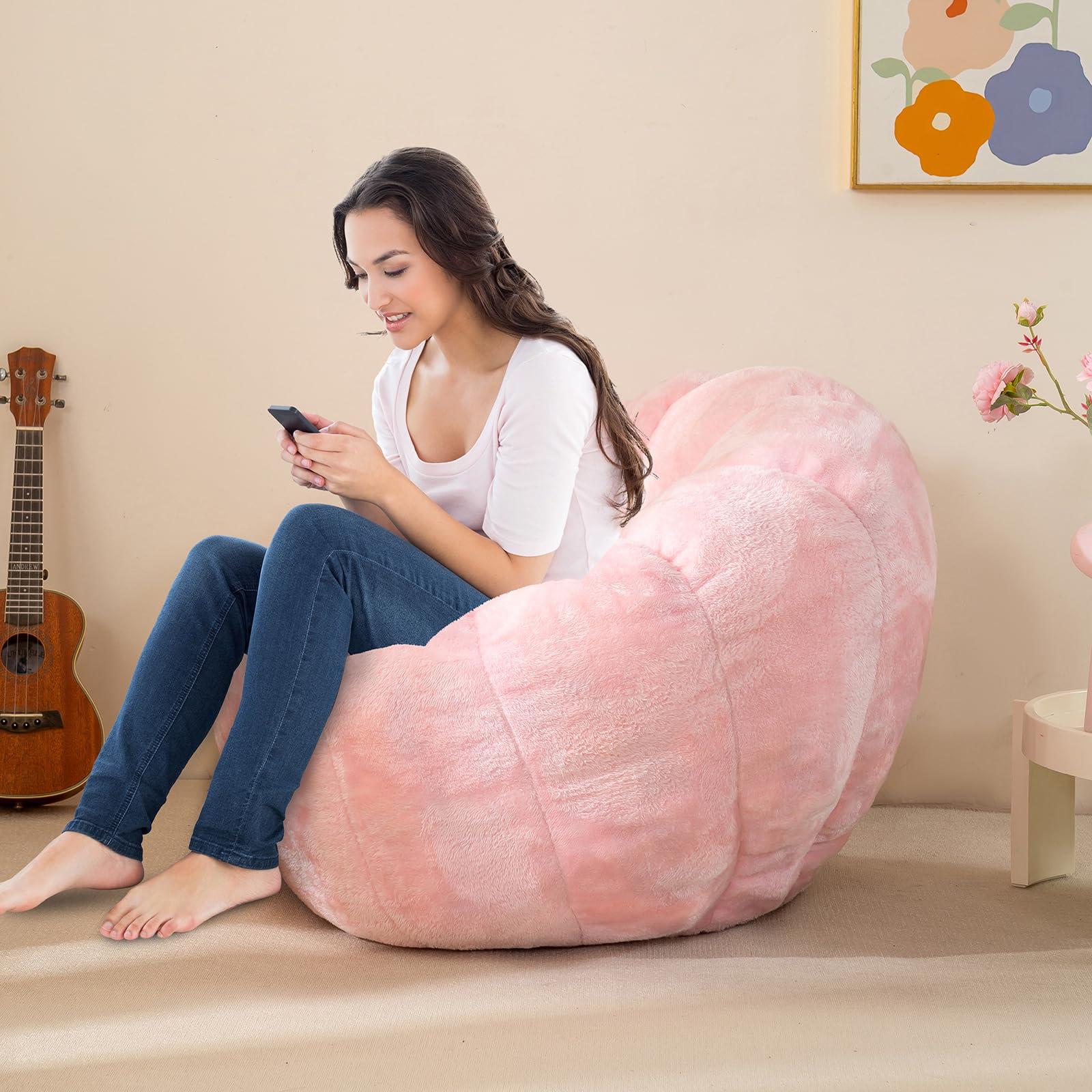 IEVENW Pumpkin Bean Bag Sofa Chair, Bean Bag Chair with Filler for Teens, Kids, Toddler, Comfy and Lazy Sofa for Dorm, Apartment, Living Room and Bedroom, Pink - Image 4