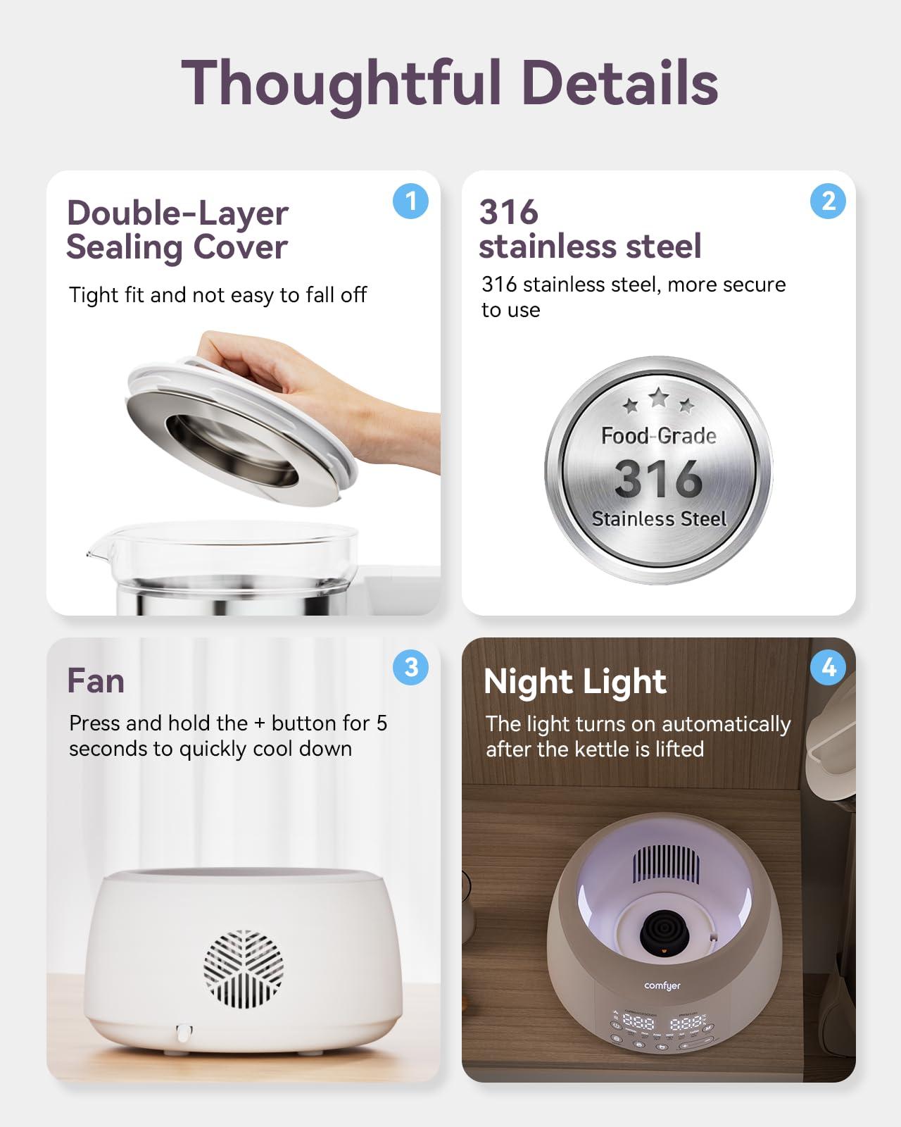 Bottle Warmer comfyer, Baby Bottle Warmer with Night Light & Faster Cooling Fan, Instantly Water Warmer, Tea Kettle Electric with 6 Temperature Control Presets, Feed Baby More Easier and Healthier - Image 8