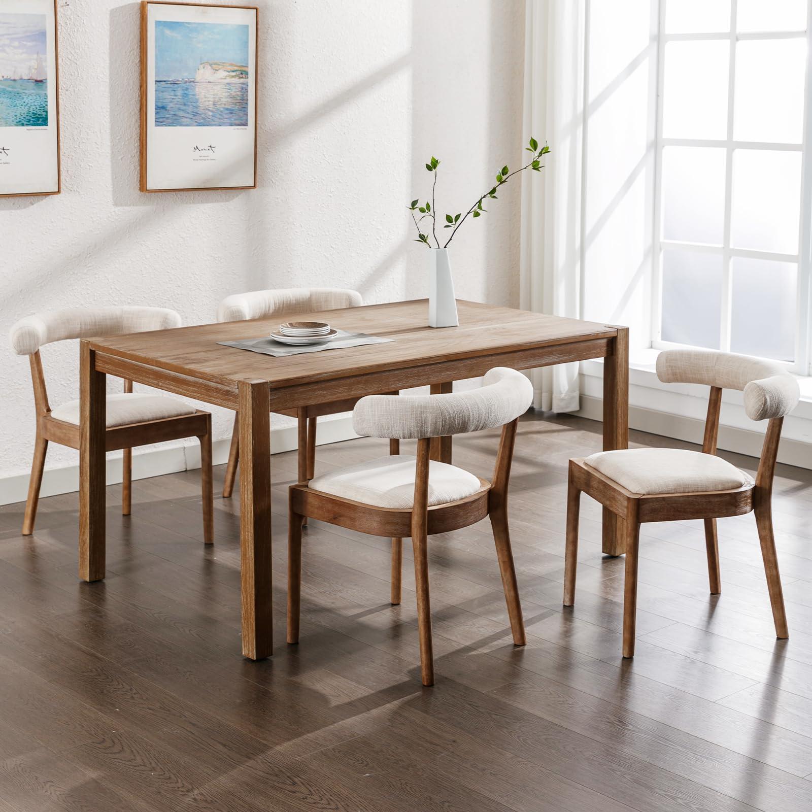 Kmax Dining Chairs Set of 4, Mid-Century Modern Fabric Kitchen Chairs with Natural Walnut Finished Frame & Linen Curved Back, Line Beige
