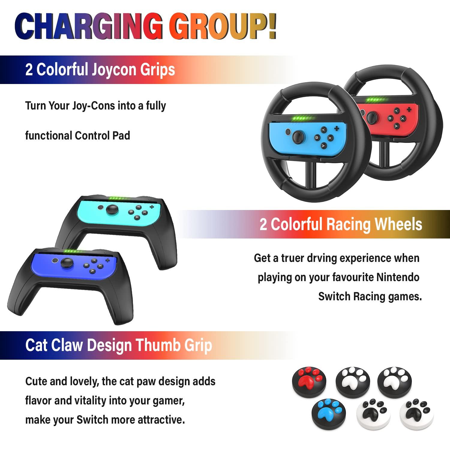 Deruitu Switch Accessories Bundle Compatible with Nintendo Switch, Kit with Carrying Case, Screen Protector, Compact Playstand, Game Case, Joystick Cap, Charging Dock,Steering Wheel, (18 in 1) - Image 5