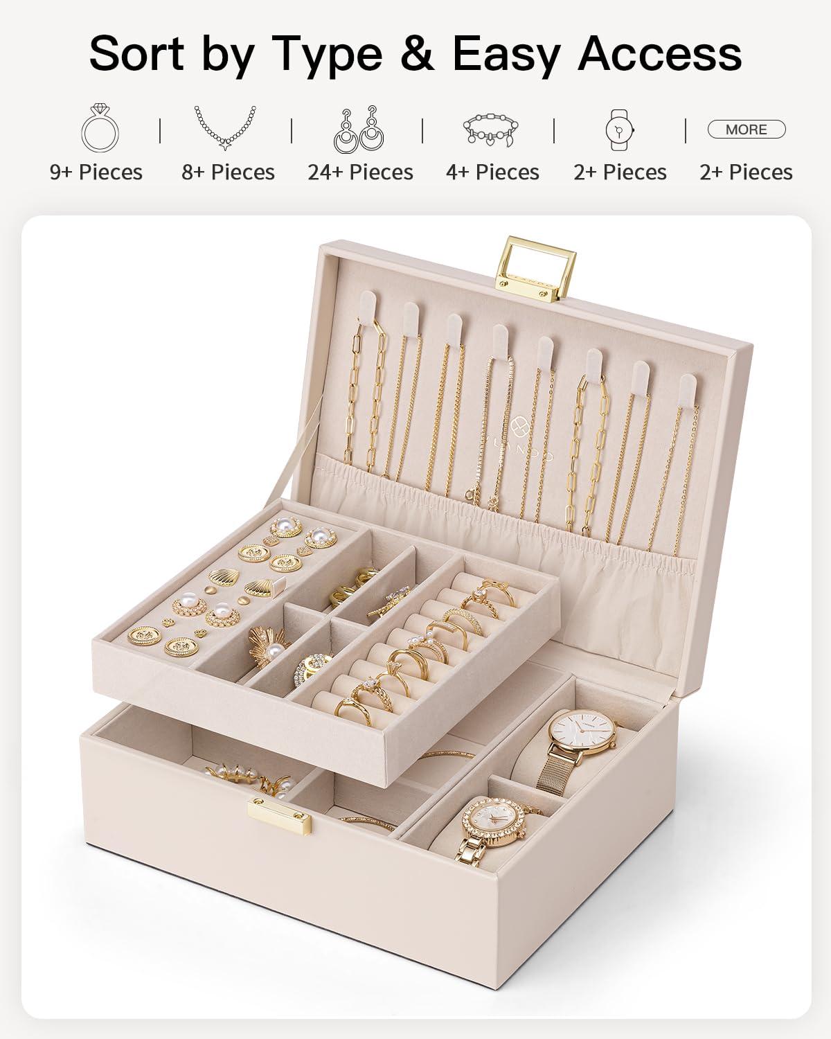 Vlando 2 Layer Jewelry Box Large Jewelry Organizer for Women Removable Jewelery Tray with Watch Pillow for Necklace Earrings Rings Bracelets Jewelry Boxes for Wedding Gifts Bride Gifts(Apricot White) - Image 7