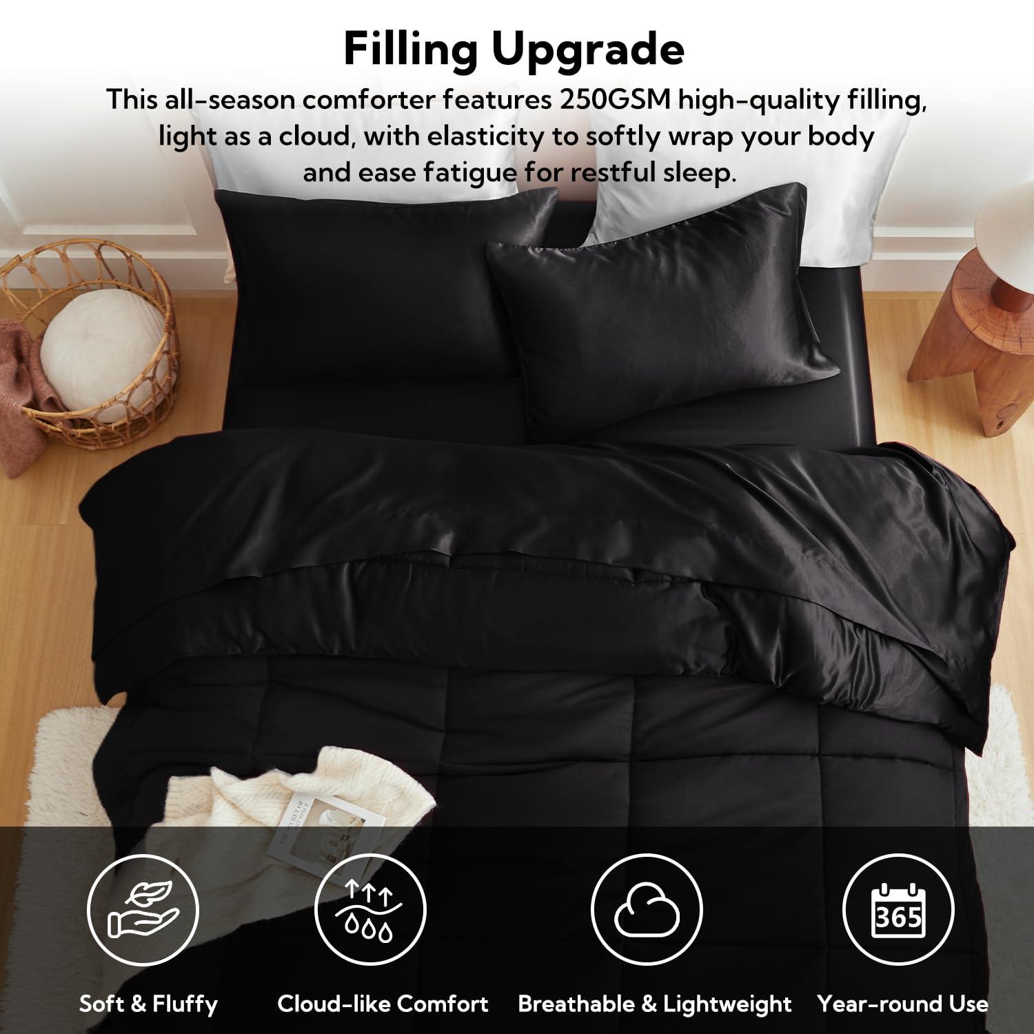 MR&HM Queen Comforter Set Black, Reversible Satin Microfiber Comforter Set for All Seasons, 3 Pieces Non-Slip Silky Soft Bedding Sets with 1 Comforter (90"x90") and 2 Pillowcases (20"x26") - Image 5