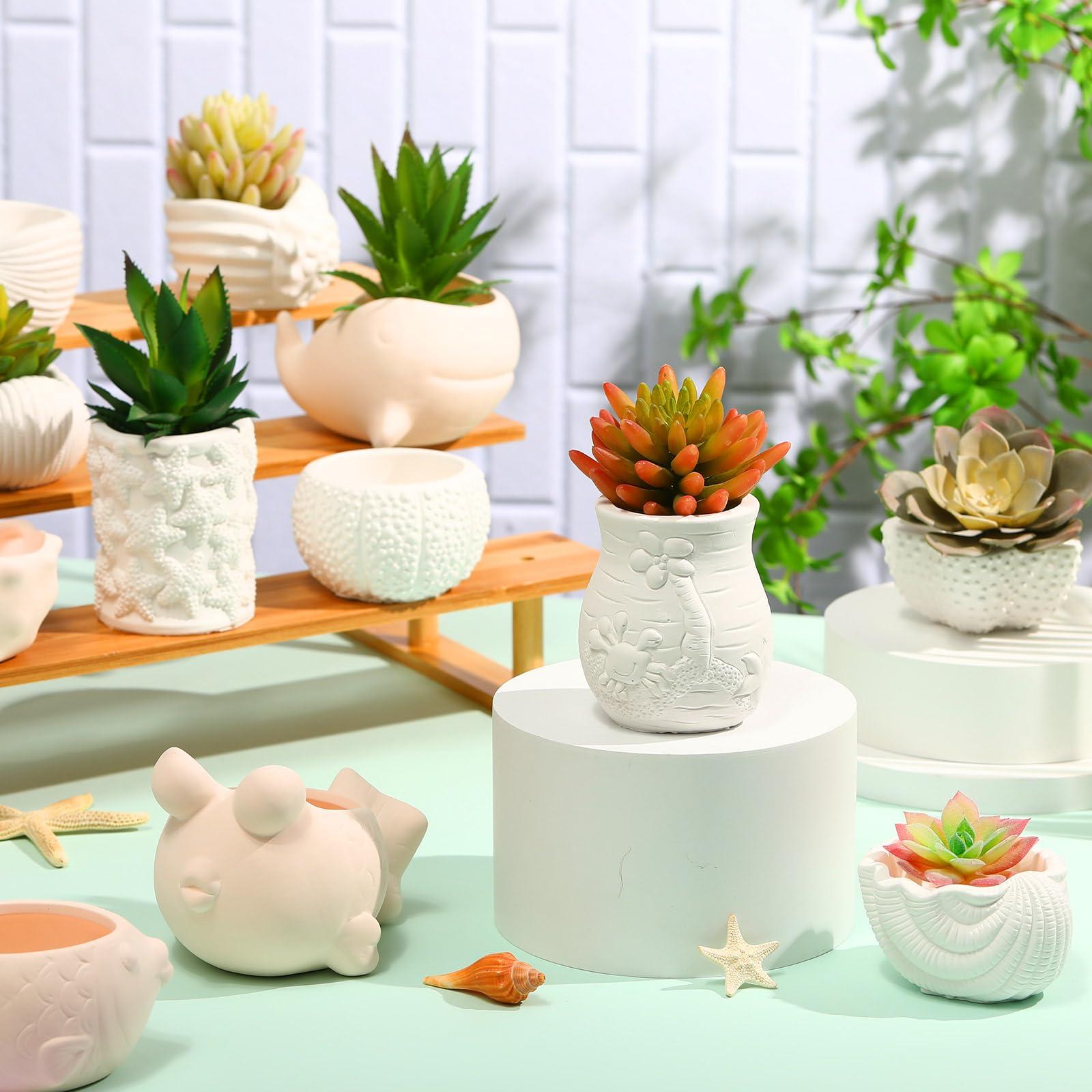 Hushee 12 Sets Ceramic Succulent Planters Paintable Succulent Plant Pots Small DIY Figurines Unpainted Pots with Drainage Hole Color Paints Paintbrushes Palettes(Sea Animals) - Image 2