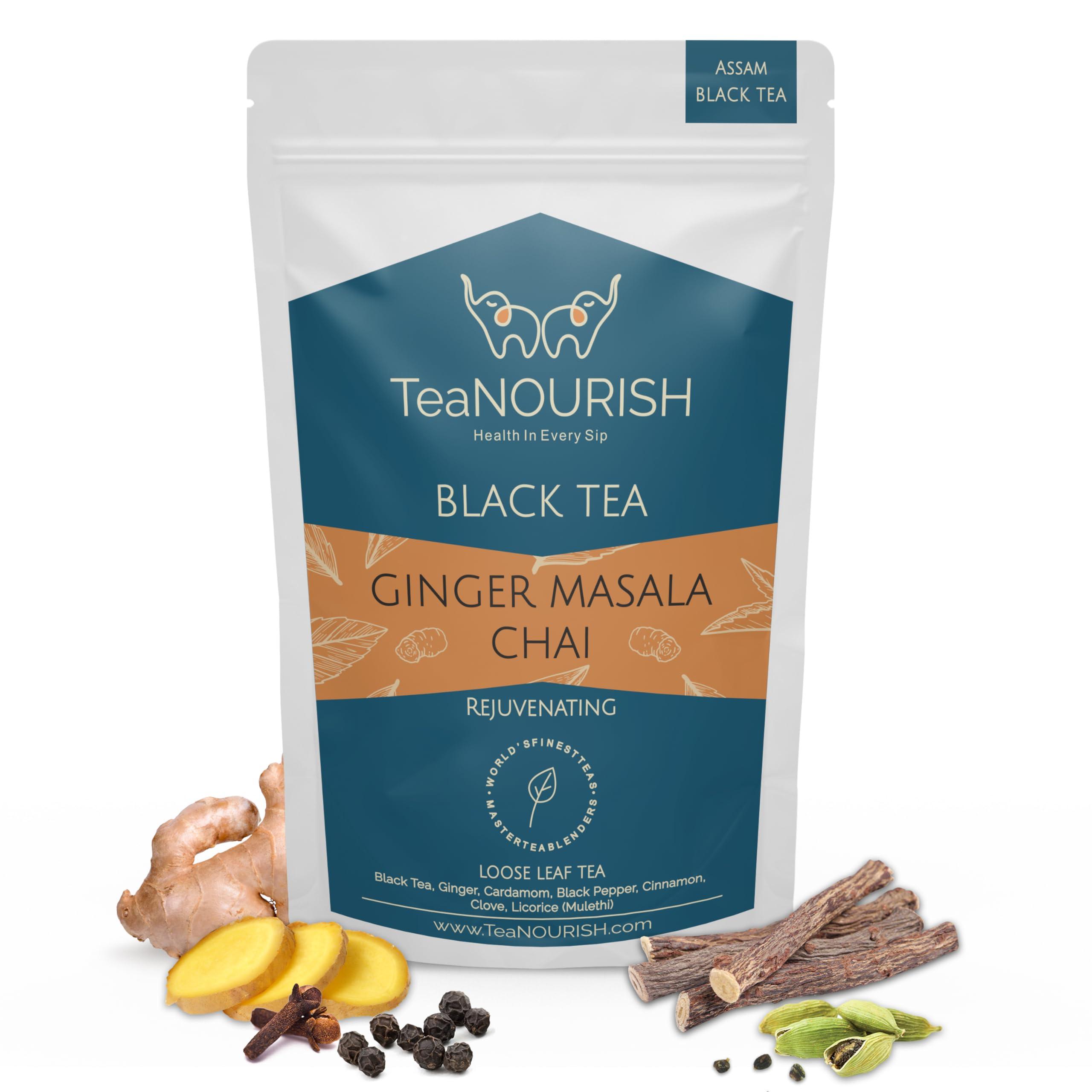 TeaNOURISH Ginger Masala Chai Tea | Assam CTC Loose Black Tea | Blended with Authentic Indian Spices | Indian Ginger Tea | 100% NATURAL INGREDIENTS - 3.53oz/100g