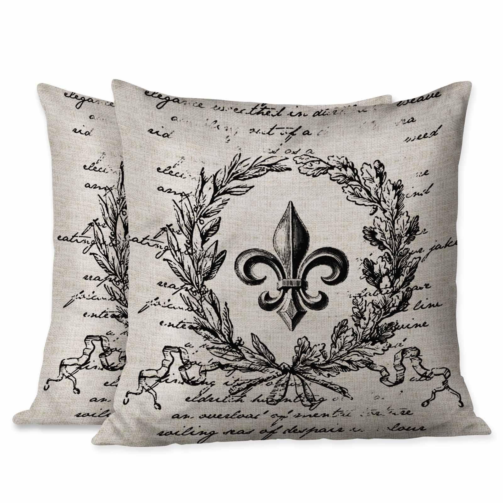 Beabes Cushion Covers Retro Letter Paper Fleur De Lis Vintage Style Square Soft,Pillow Cases Decor for Couch Bedroom Sofa Living Pack of 2 Size 18X18 Inch