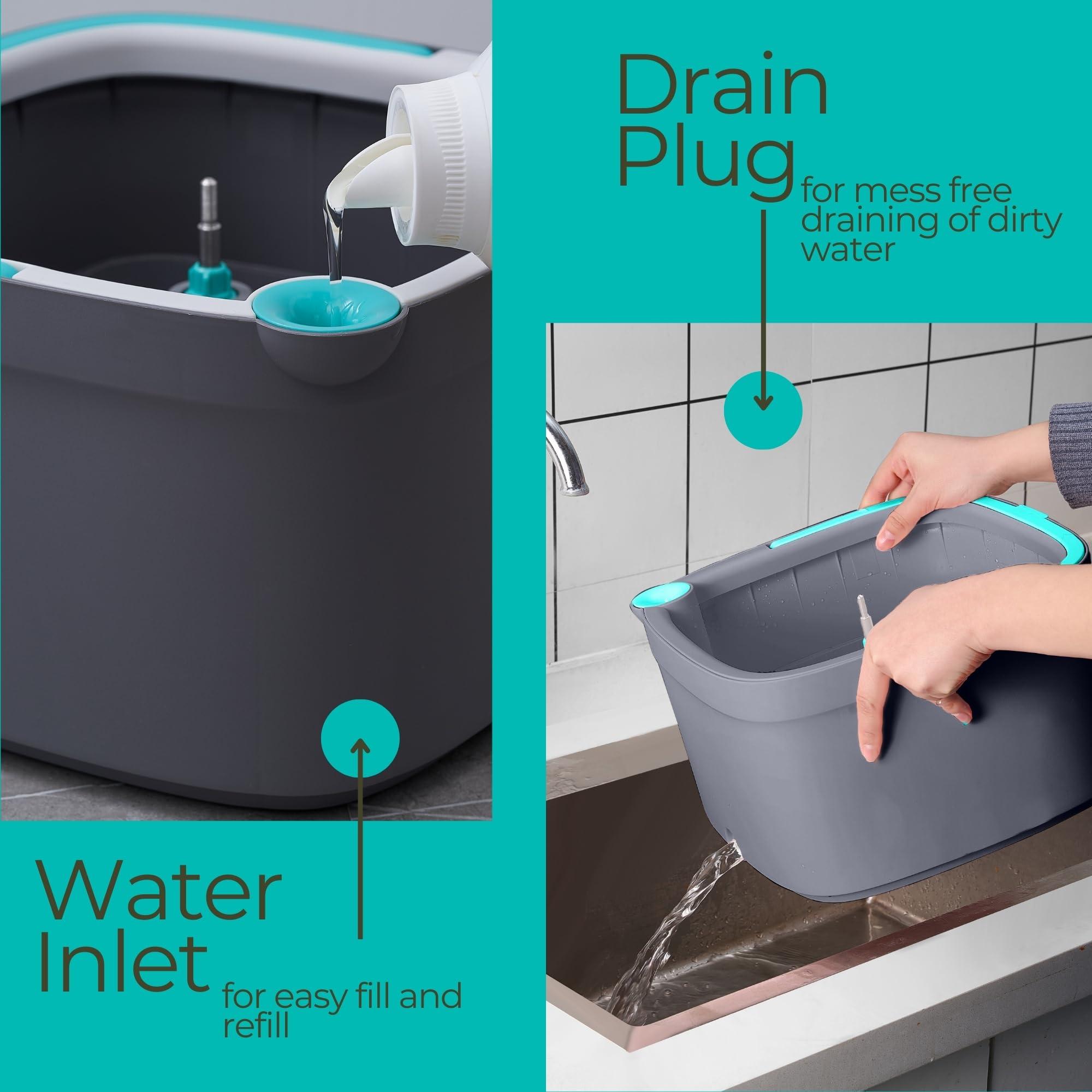 TRUE & TIDY Square Spin Mop & Bucket System – Dual Chamber for Clean & Dirty Water, 360° Rotating Self-Wringing Mop with Built-in Scrub Brush, Stainless Steel Handle & 2 Reusable Microfiber Mop Pads - Image 8