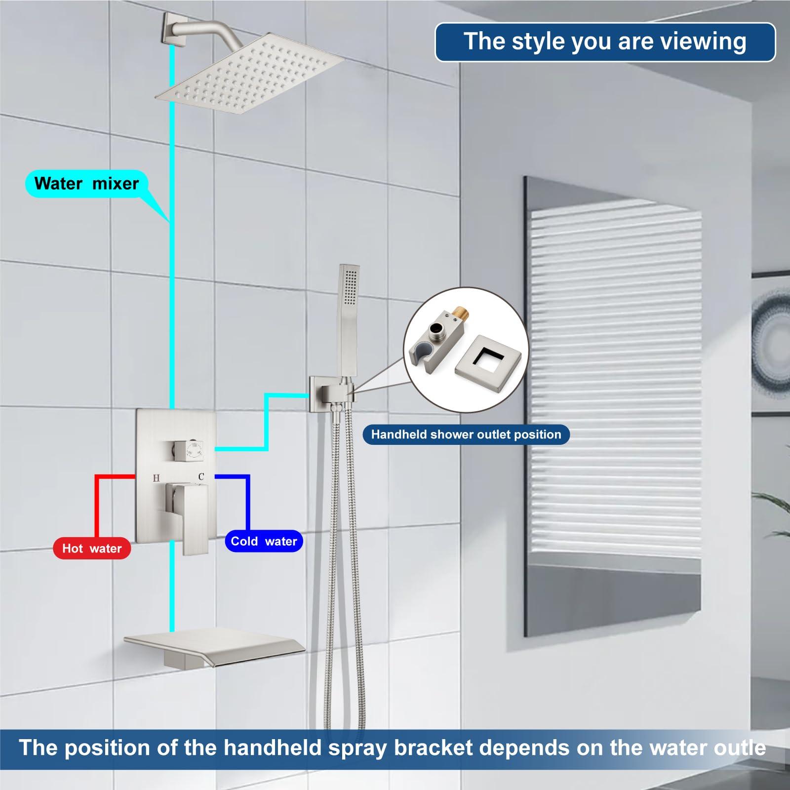 Midanya Rain Shower System Tub Shower Faucet Set Square Rainfall Shower Head with Handheld Sprayer and Waterfall Tub Spout Rough-in Valve Shower Mixer Combo,8 Inch Brushed Nickel - Image 5